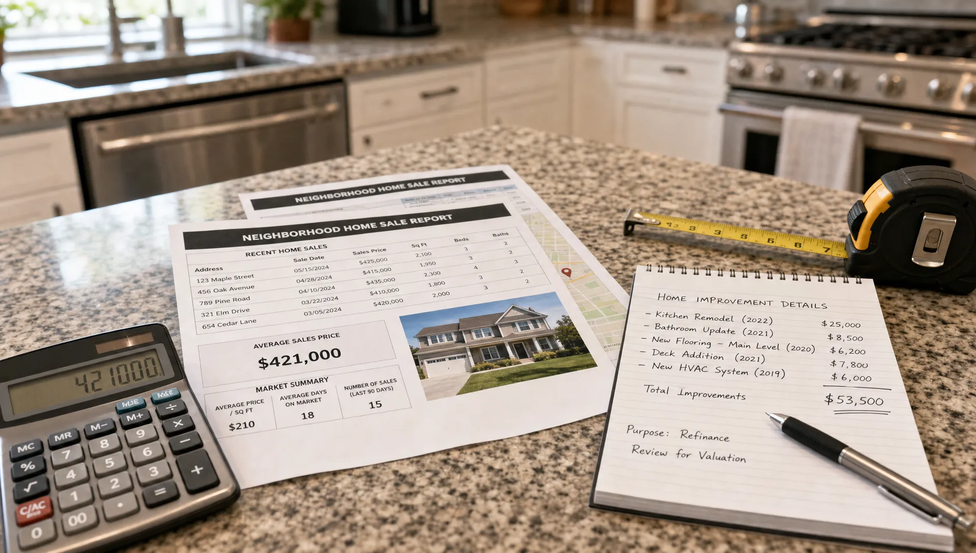A kitchen counter with printed neighborhood home sale reports, a calculator, a tape measure, and a notepad showing home improvement details for a refinance valuation review.