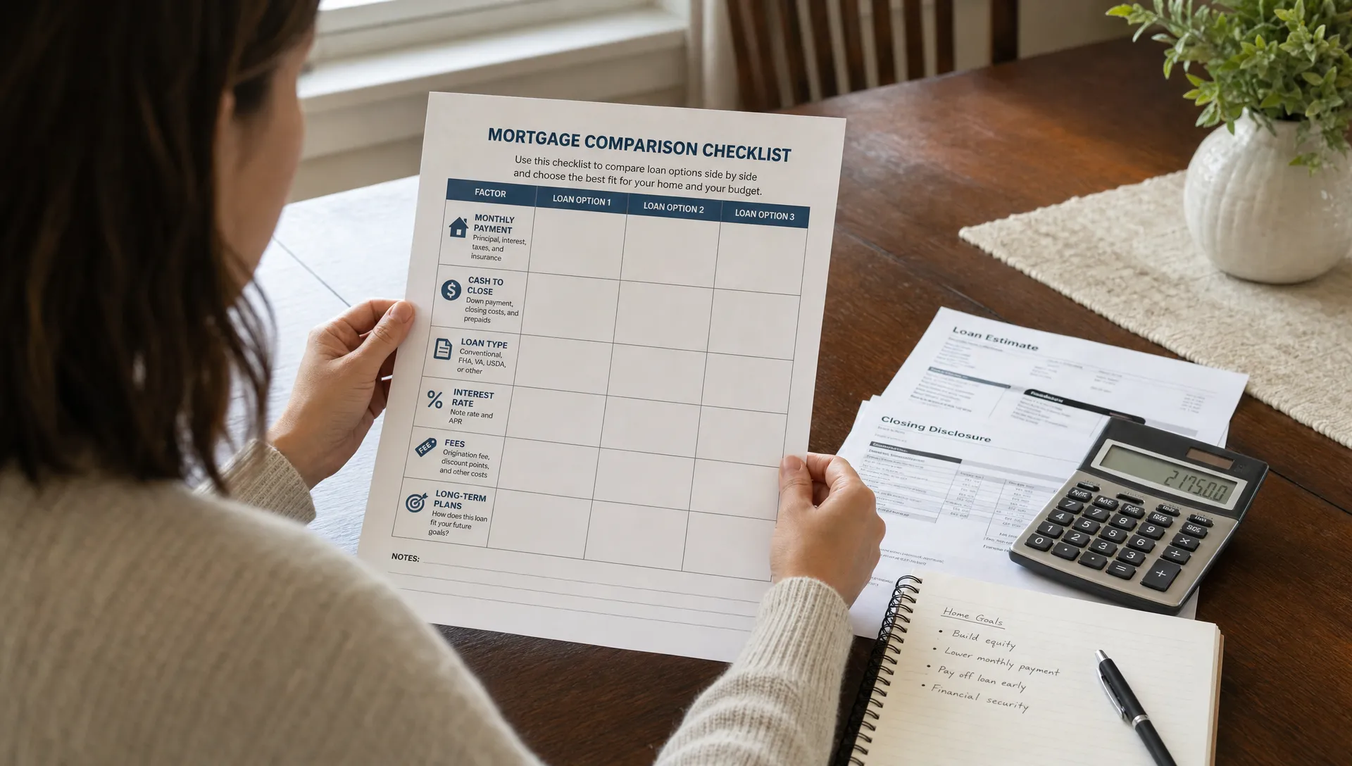 A homebuyer reviews a mortgage comparison checklist with sections for monthly payment, cash to close, loan type, rate, fees, and long-term plans on a dining room table with a calculator and loan papers beside it.
