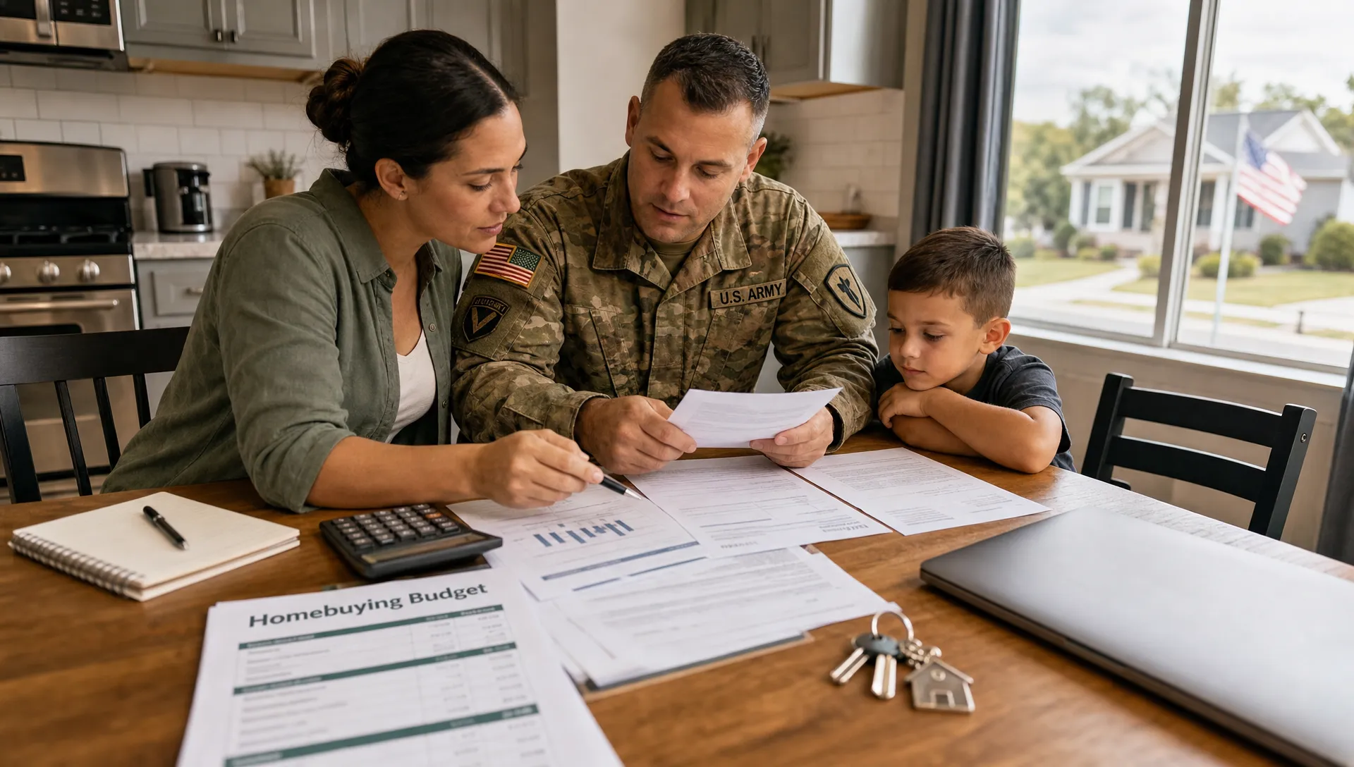 A veteran family sitting at a kitchen table with mortgage documents, a calculator, and house keys, reviewing a clear homebuying budget together, with a child-height chair pushed aside and a window view of a quiet neighborhood in the background.