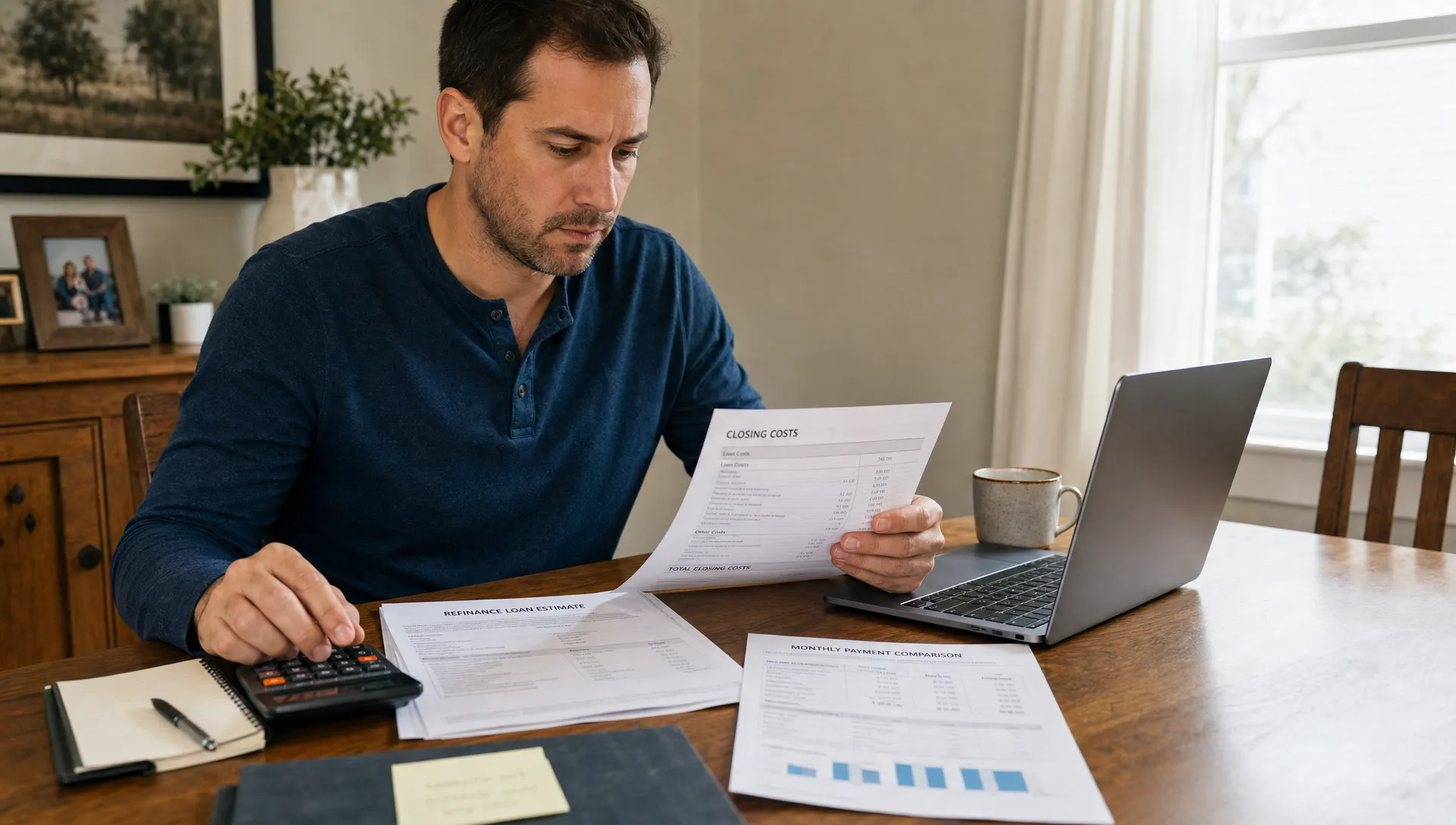 A homeowner reviews refinance paperwork, a calculator, and a laptop on a dining room table while comparing mortgage costs, closing fees, and monthly payment estimates.