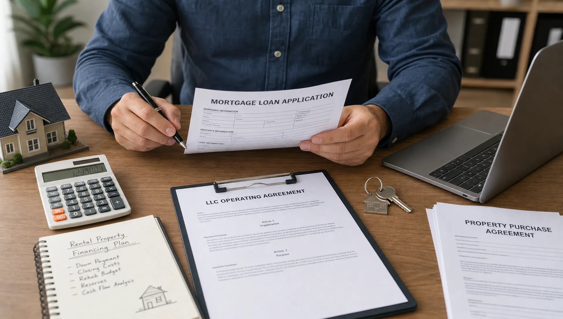 A real estate investor reviews mortgage documents, LLC formation papers, property keys, and a calculator on a desk while preparing financing for a rental property.