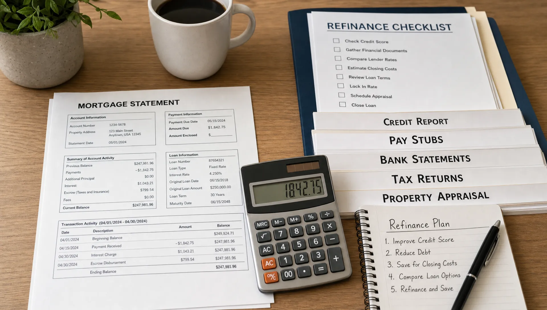 A refinance planning desk with a mortgage statement, calculator, notebook, pen, and neatly organized loan documents showing a practical financial setup.