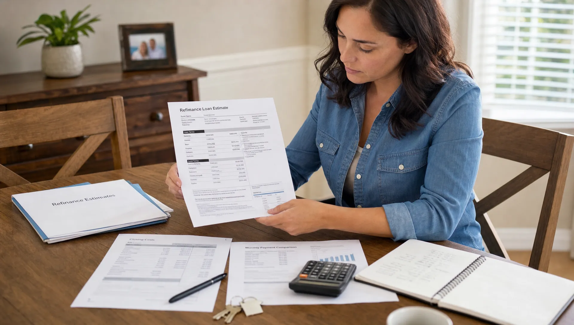 A homeowner reviewing refinance loan estimates on paper at a dining room table with a calculator, pen, house keys, and organized financial documents.