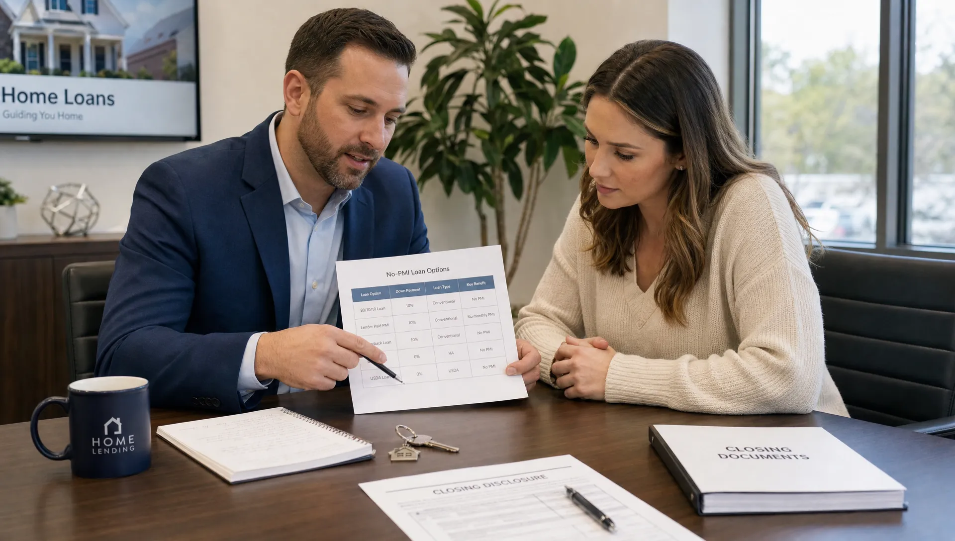 A mortgage advisor and homebuyer compare no-PMI loan options in a meeting room with a printed worksheet, a house key, and closing documents spread across a conference table.