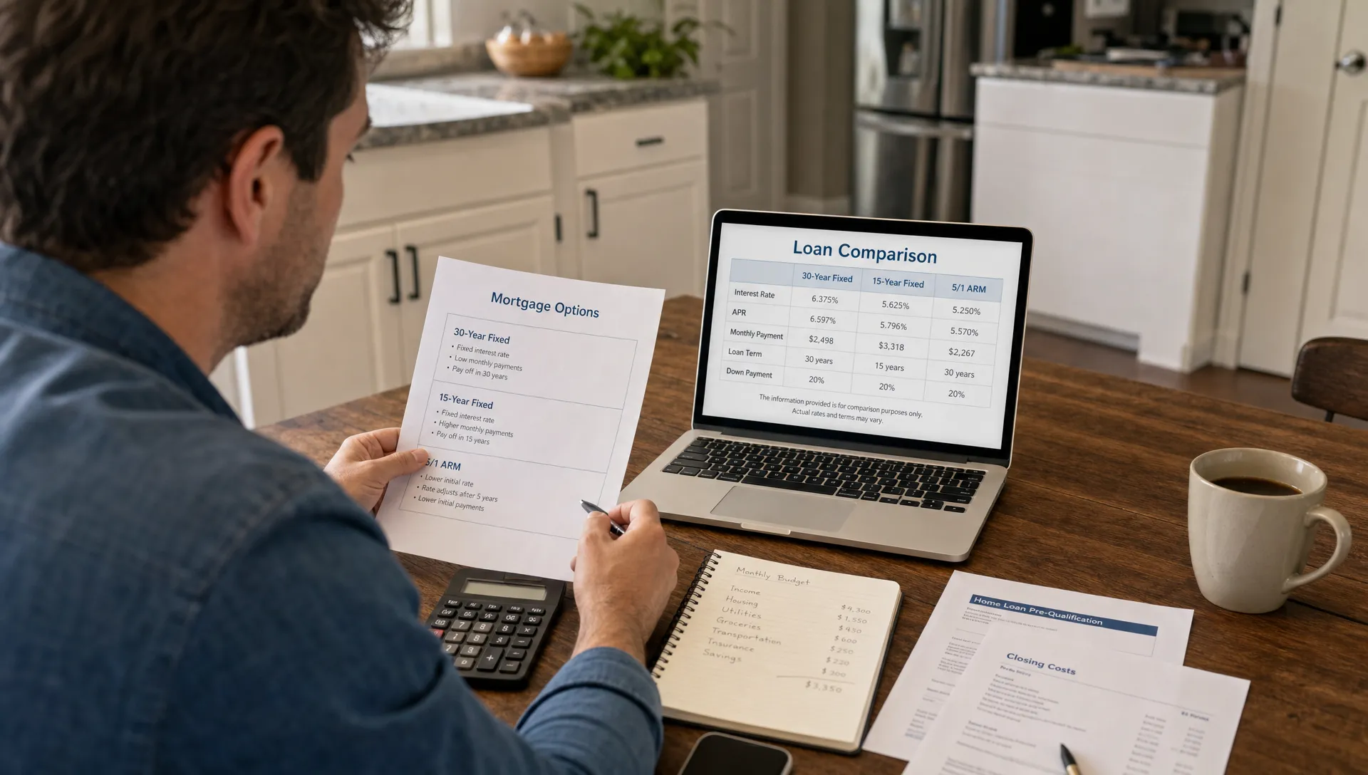 A homebuyer reviews mortgage options at a kitchen table with documents, a calculator, and a laptop facing the camera showing a simple loan comparison chart.