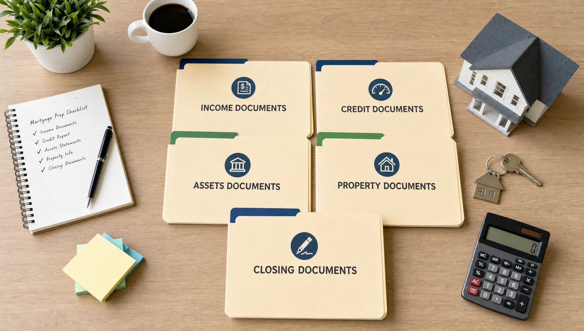 A neatly organized mortgage preparation workspace with labeled folders for income, credit, assets, property, and closing documents, plus a house key and calculator on a desk, shown from a slightly higher overhead angle on a clean table.