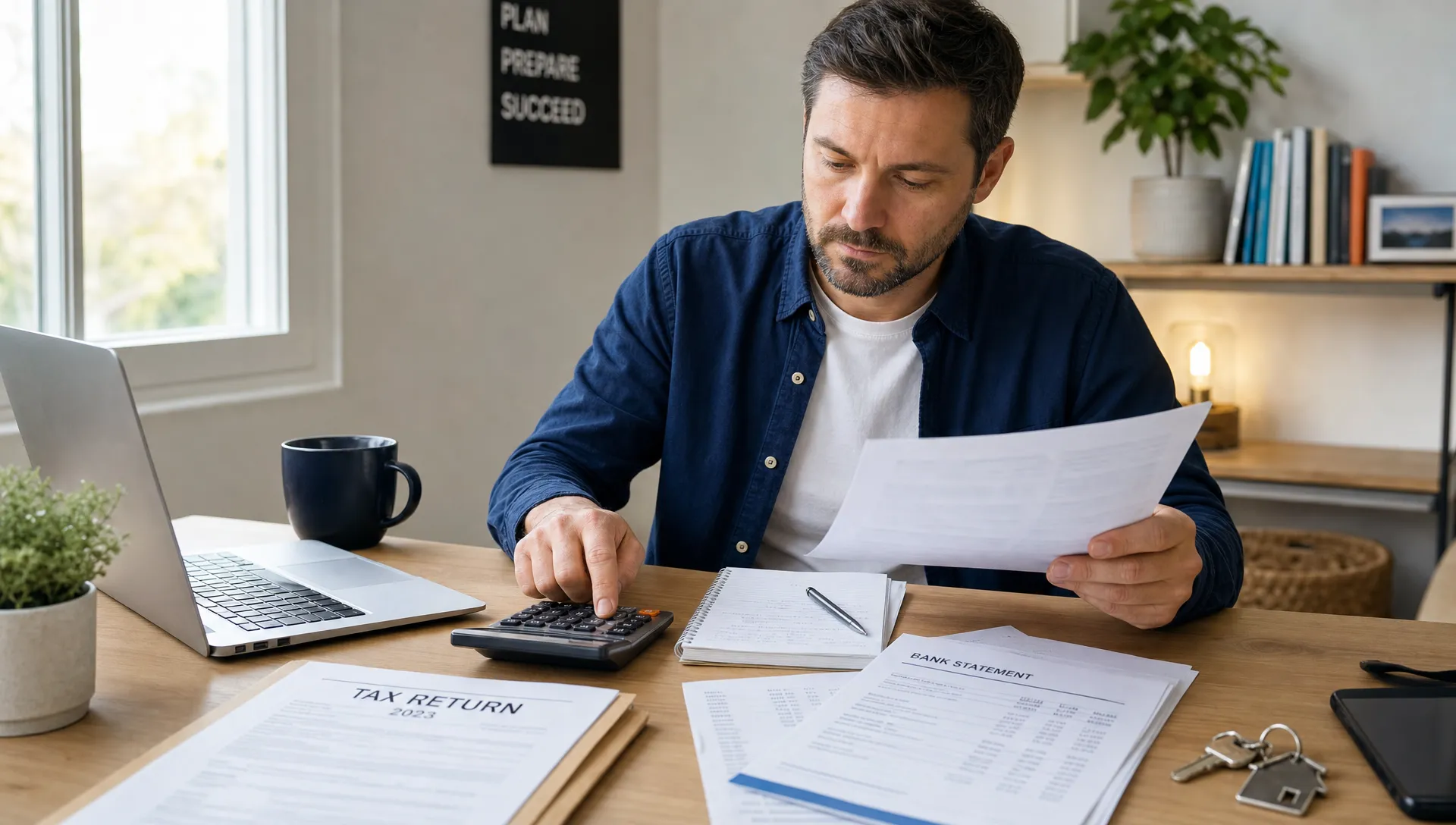 A self-employed borrower organizing tax returns, bank statements, a calculator, and house keys on a clean desk while preparing for a mortgage application.