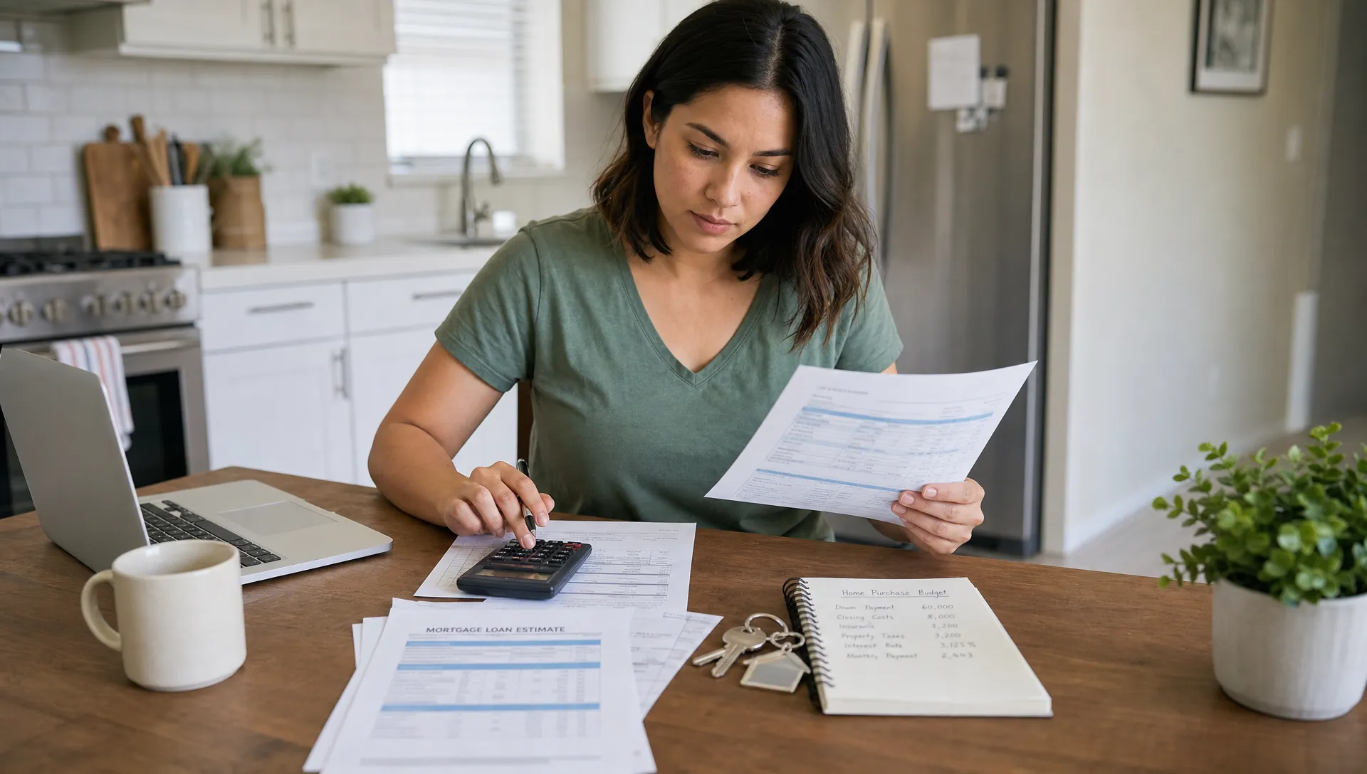 A first-time home buyer reviews mortgage documents, a calculator, house keys, and a notebook on a kitchen table while planning a home purchase budget.