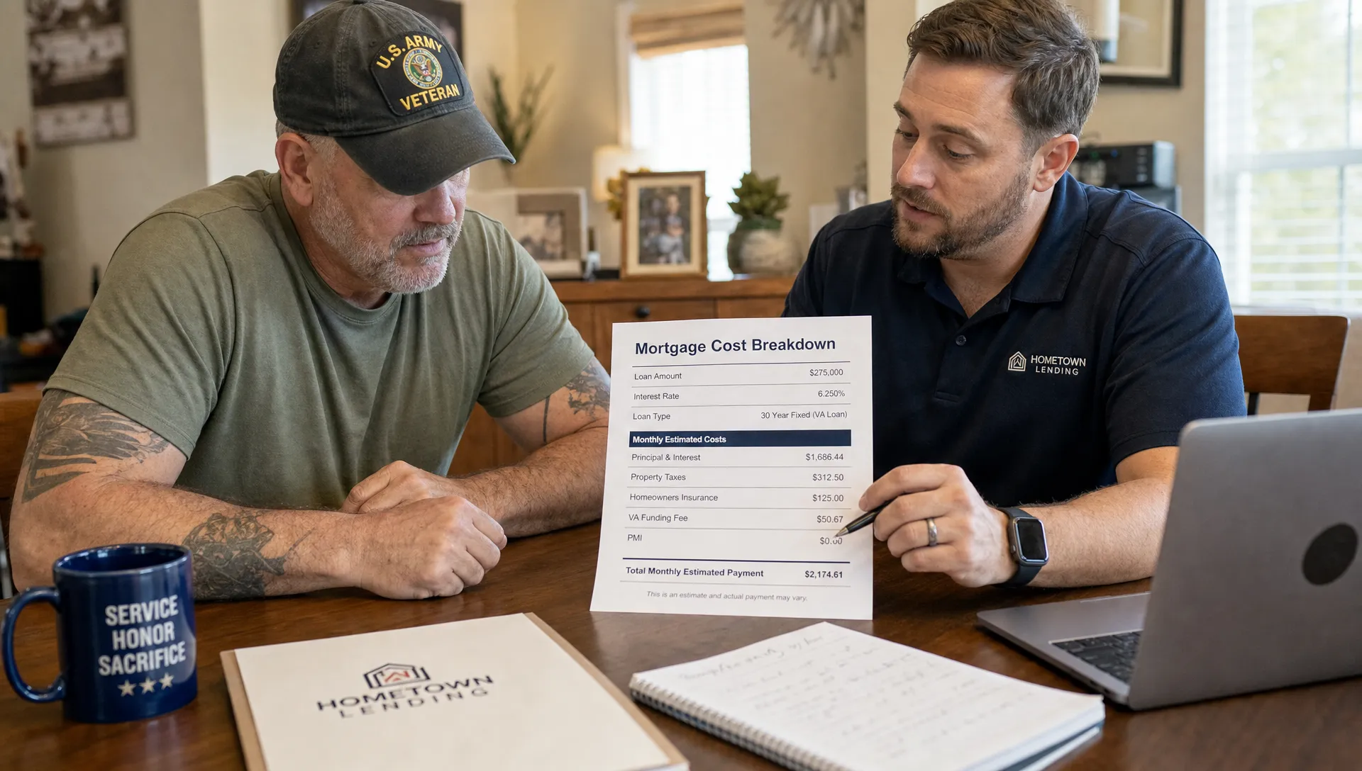 A veteran homeowner reviewing a mortgage cost breakdown with a lending specialist at a dining table, with papers showing taxes, homeowners insurance, a VA funding fee, and no PMI as separate line items.