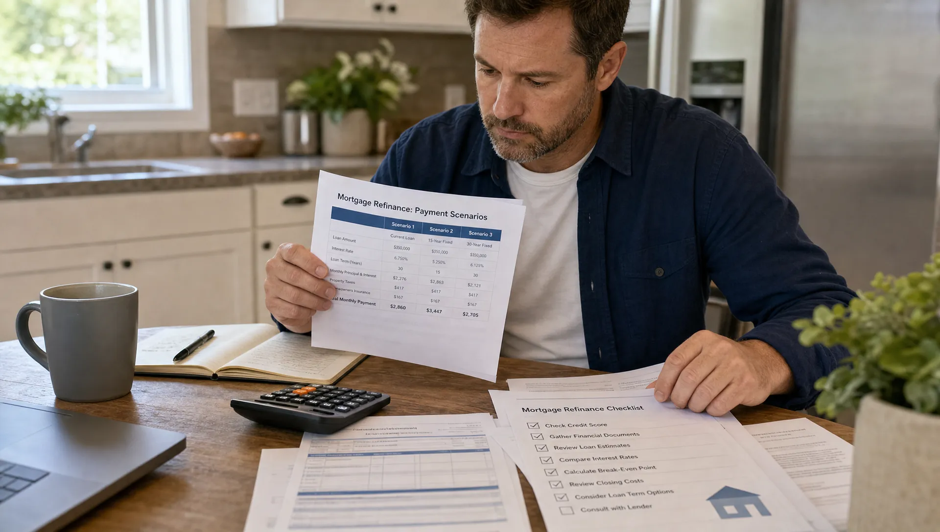 A homeowner reviews mortgage documents, a calculator, and a refinance checklist on a kitchen table while comparing monthly payment scenarios.