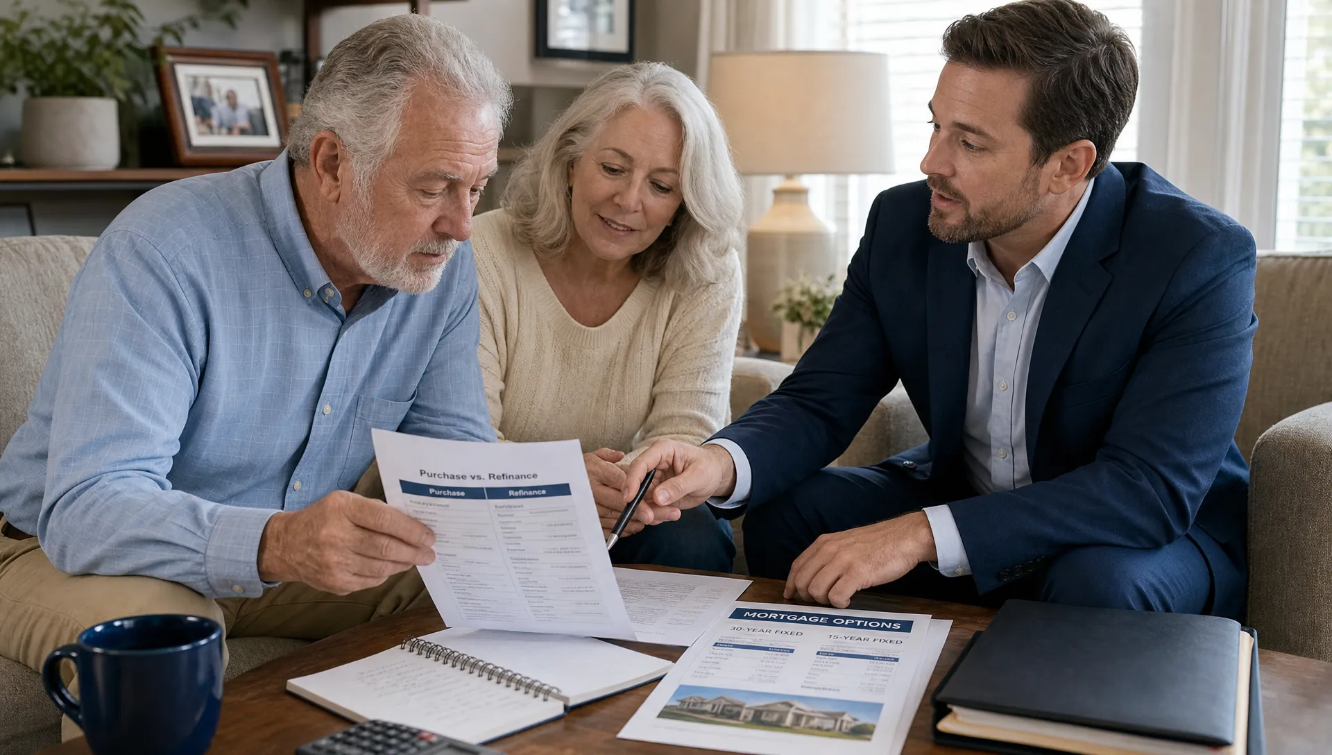 A veteran homeowner and spouse sit in a living room with a lending advisor, reviewing mortgage paperwork and comparing purchase and refinance options for their home.