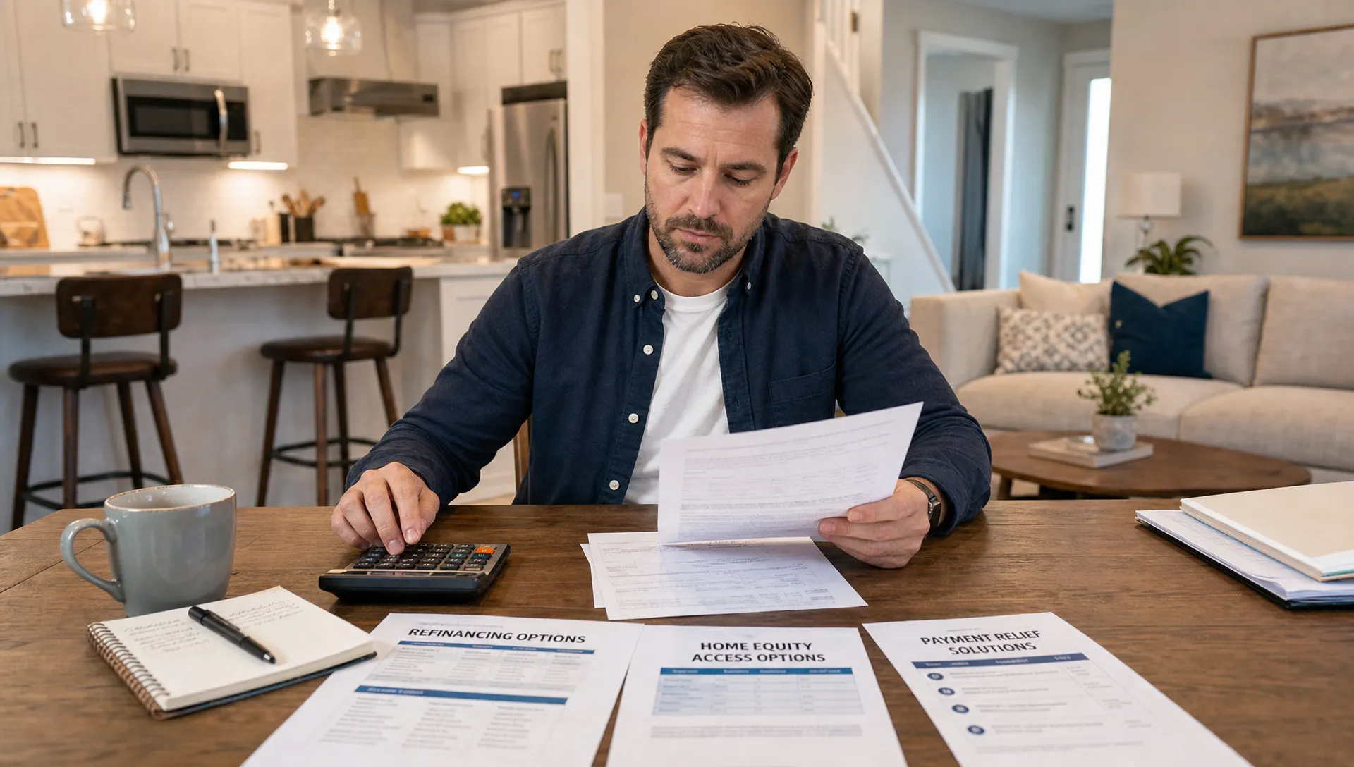 A homeowner reviews mortgage documents, a calculator, and a notepad on a dining table in a bright home interior while organizing options for refinancing, equity access, and payment relief.