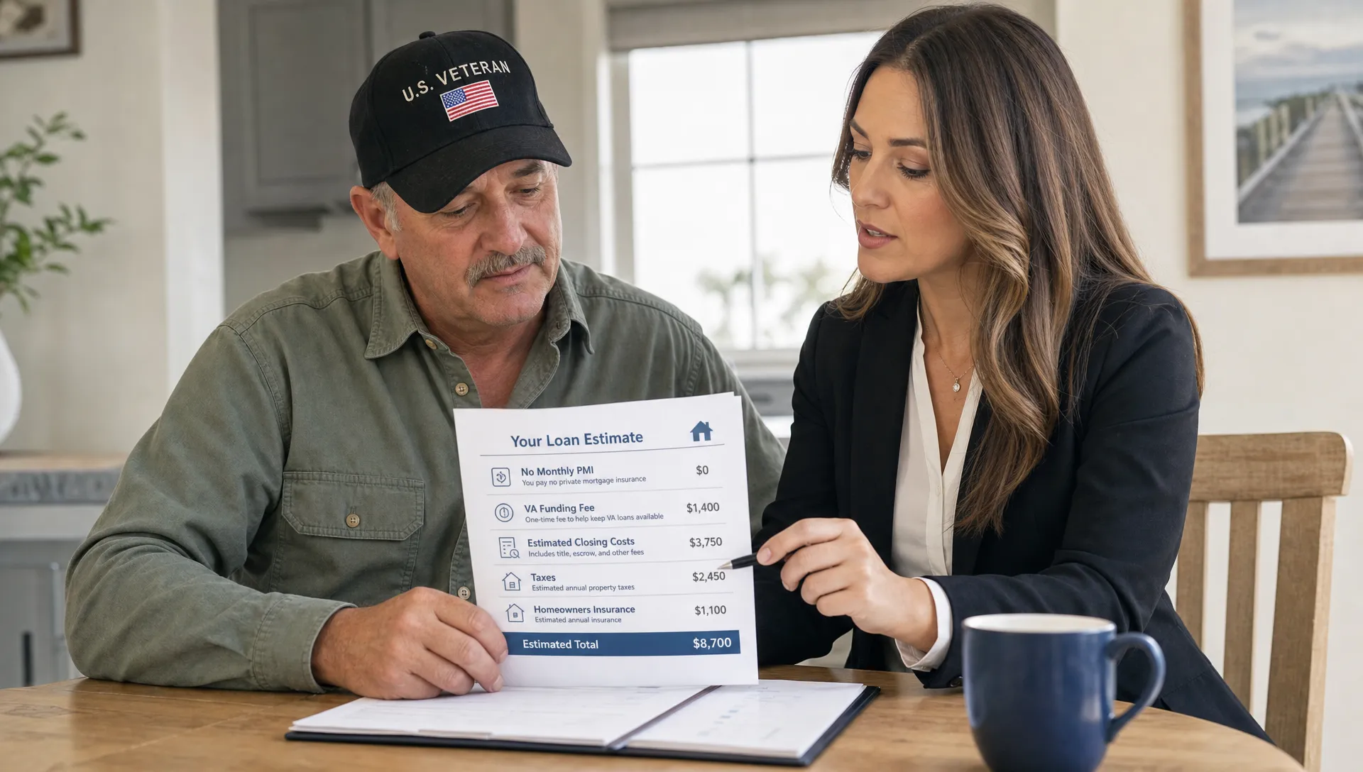 A veteran homebuyer and a mortgage advisor reviewing printed loan documents at a bright dining table, with clear sections for no monthly PMI, funding fee, closing costs, taxes, and homeowners insurance.
