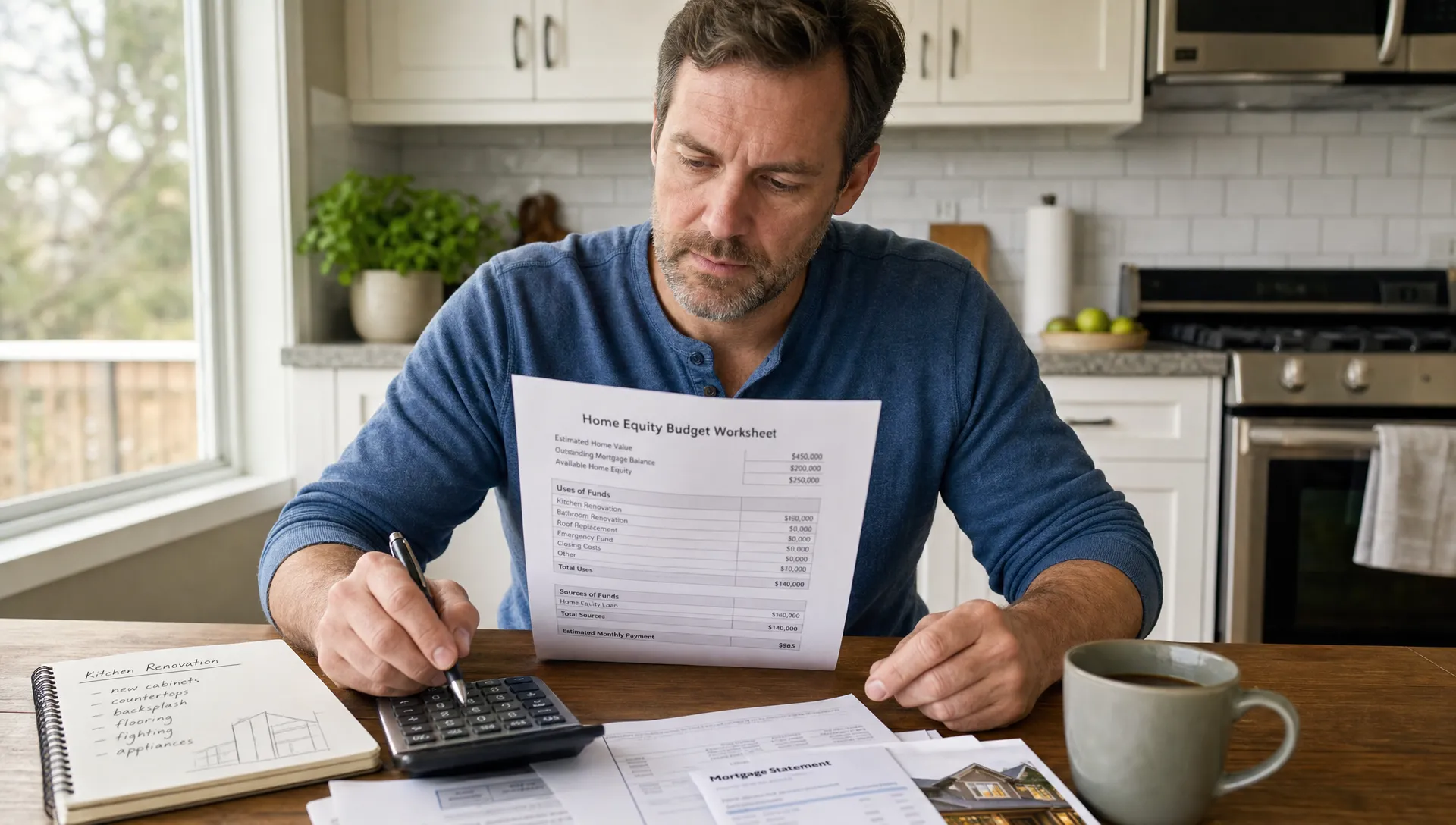 A homeowner reviews a simple home equity budget worksheet at a kitchen table with a calculator, mortgage papers, and renovation notes beside a cup of coffee.