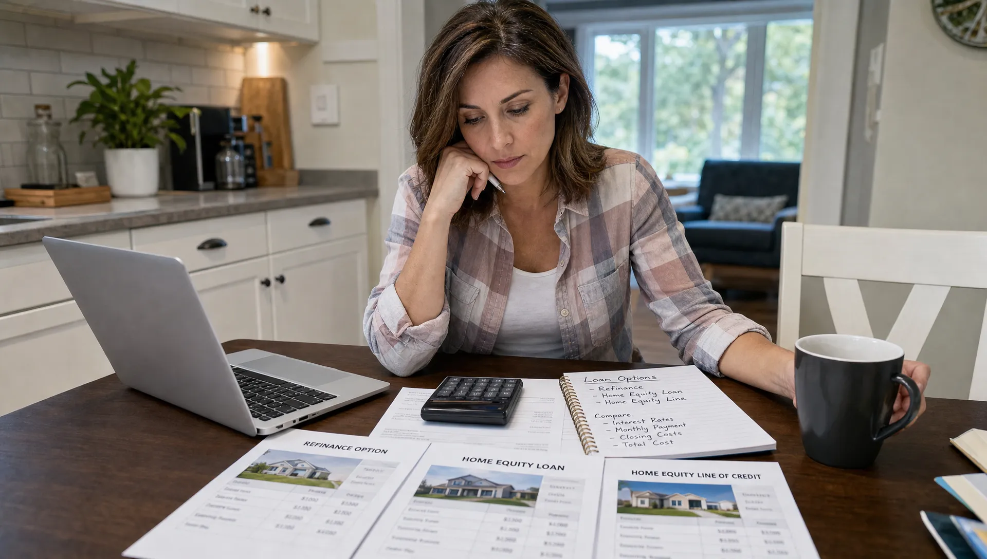 A homeowner sits at a kitchen table with mortgage documents, a calculator, and notes comparing refinance, equity, and payment options, with a laptop open beside them and a windowed home interior in the background.
