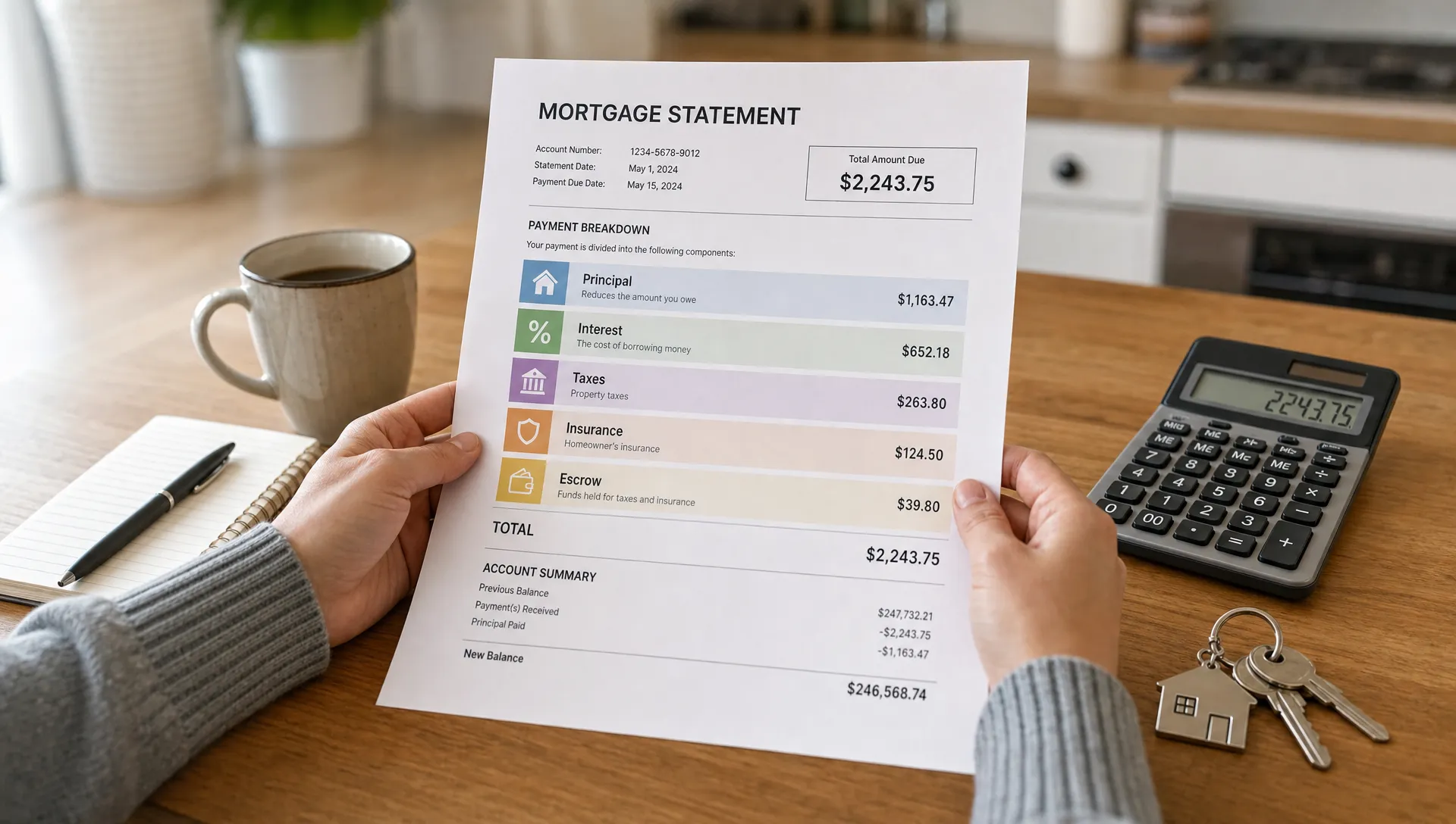 A homeowner reviewing a mortgage statement on a kitchen table, with separate sections for principal, interest, taxes, insurance, and escrow highlighted on the paper, and a calculator and key ring nearby.