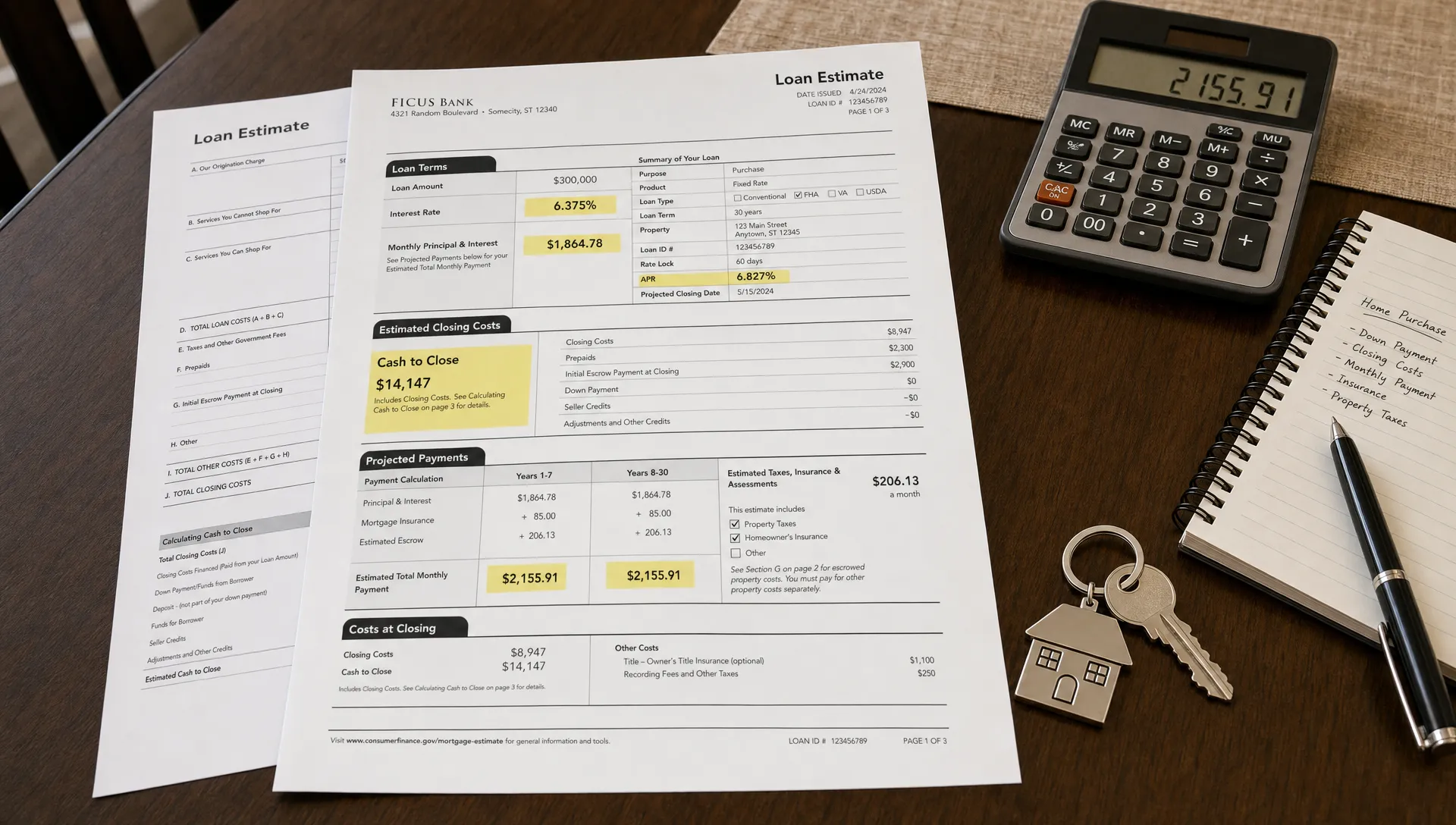 Printed mortgage loan estimates beside a calculator, notebook, pen, and house keys on a dining table, with highlighted sections for rate, APR, cash to close, and monthly payment.