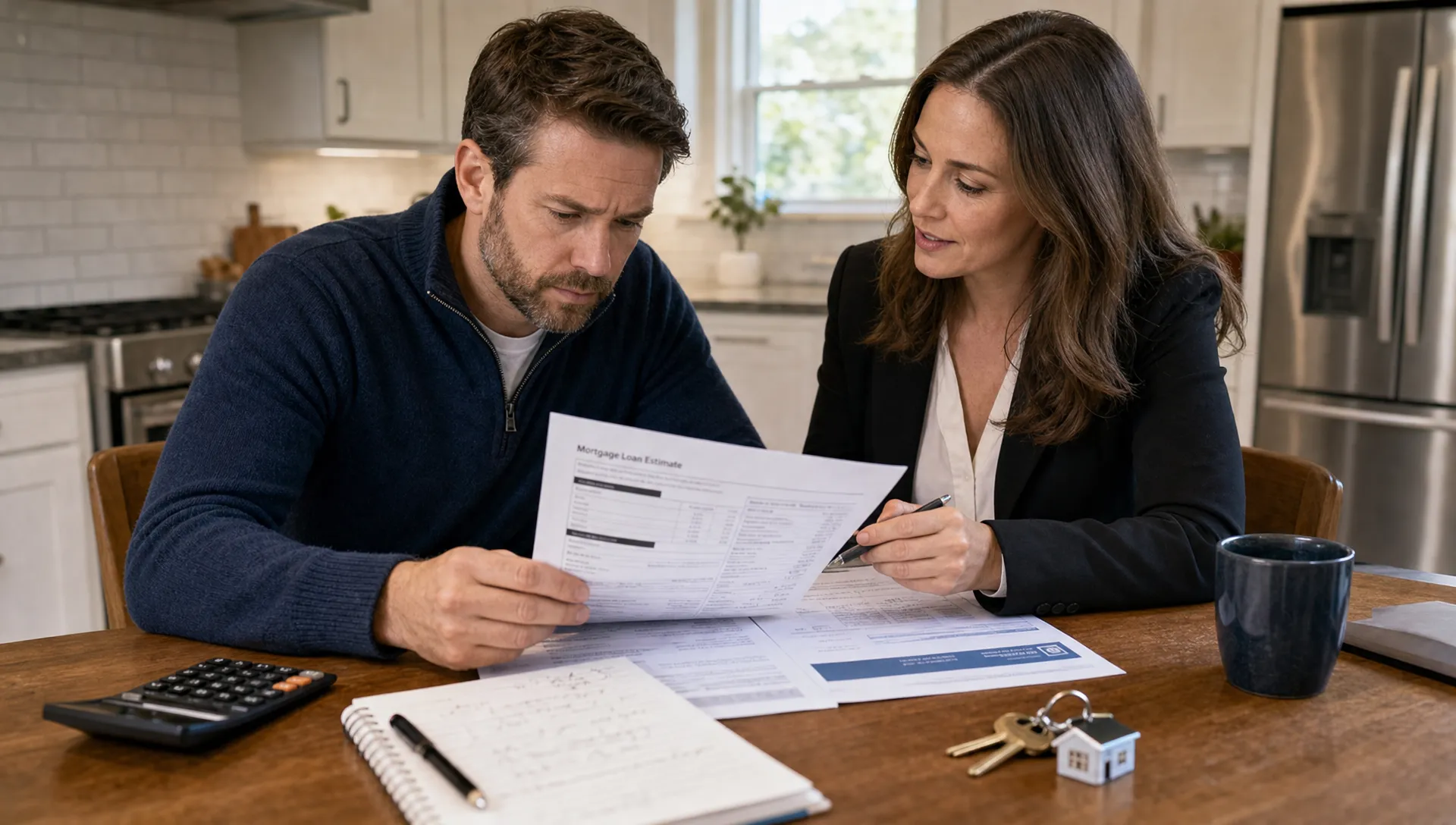 A homeowner reviews printed mortgage documents at a kitchen table with a lending professional, with a calculator, notebook, and house keys nearby to represent careful loan comparison and trusted guidance.