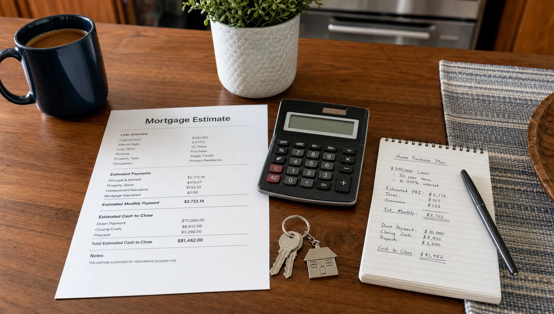 A kitchen table with a mortgage estimate, calculator, house keys, and handwritten notes showing a borrower reviewing home financing costs in a calm, organized setting.