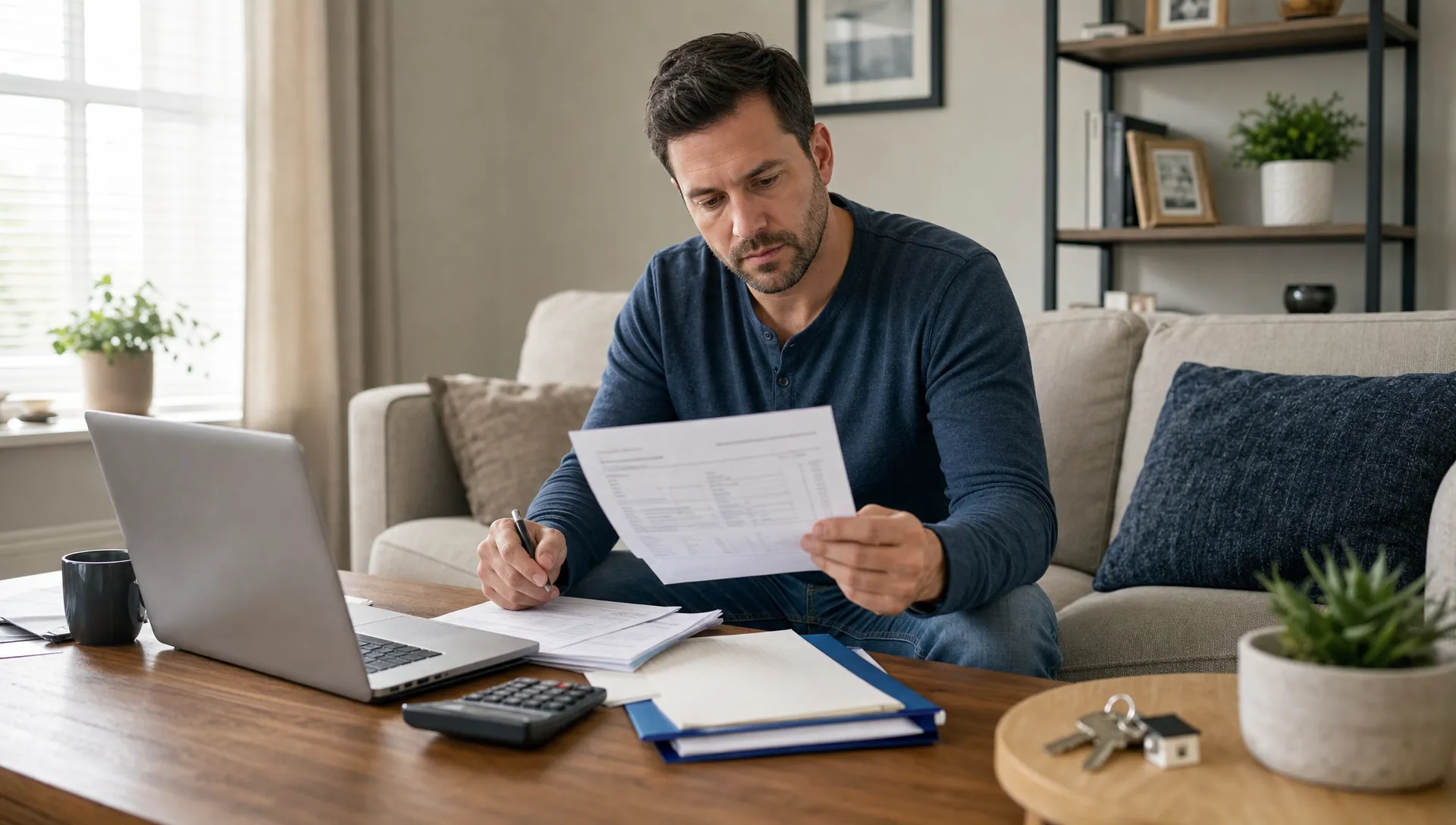 A borrower reviewing mortgage documents in a quiet living room with a laptop, organized folders, a calculator, and house keys on a side table nearby.