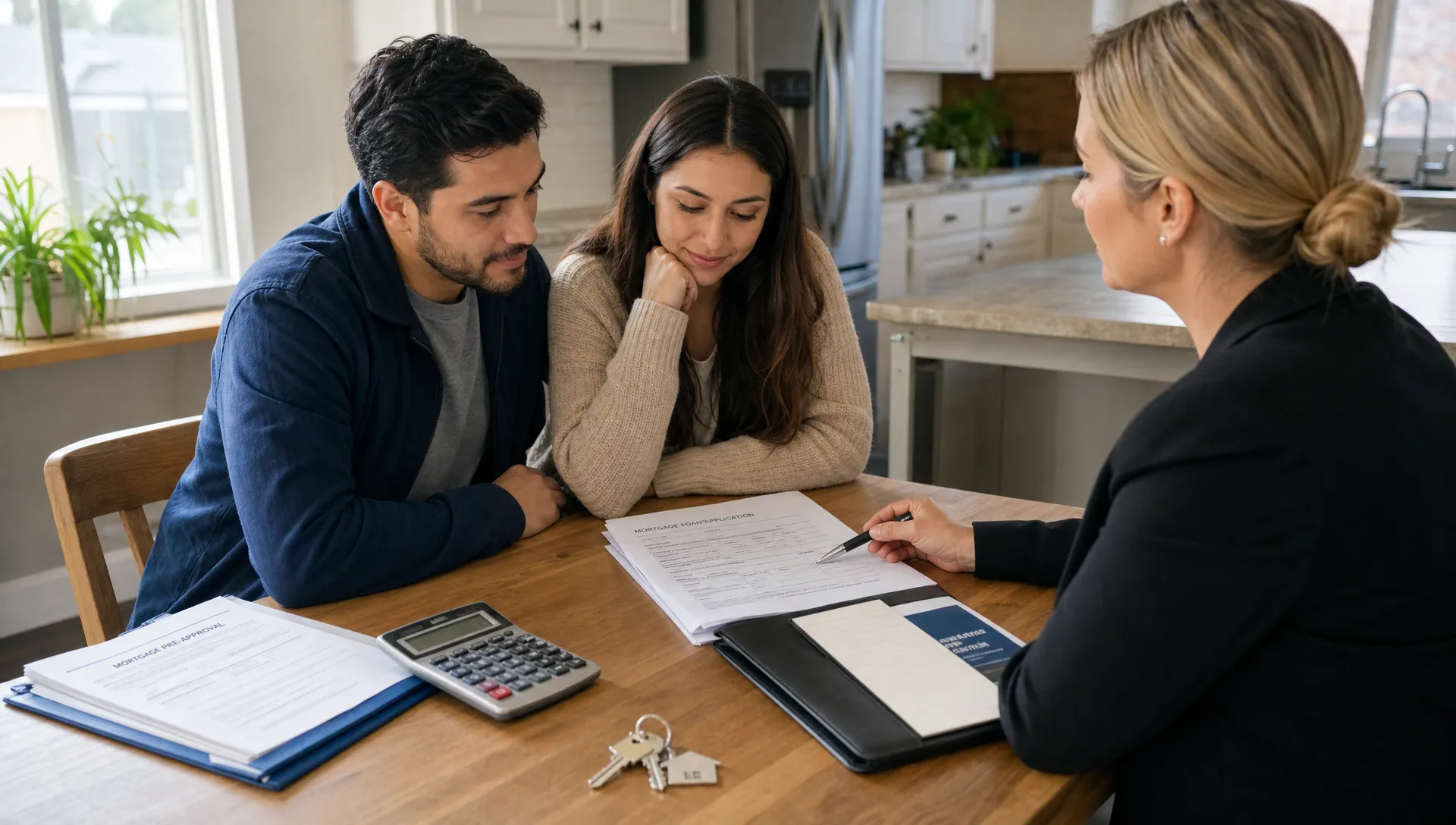 A borrower and a loan professional reviewing mortgage documents at a kitchen table, with organized paperwork, a calculator, and a house key on the table.
