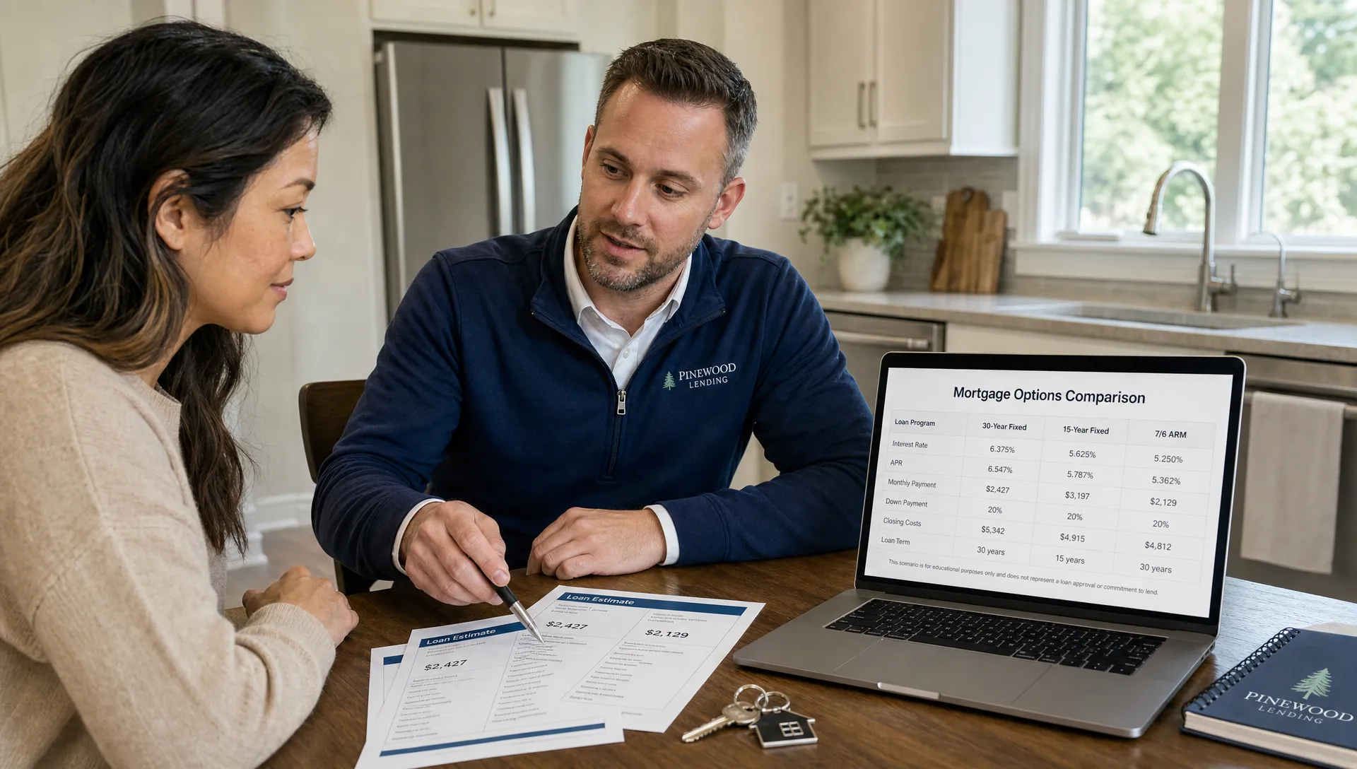 A homebuyer reviews mortgage options with a lending advisor at a kitchen table, with printed loan estimates, a laptop showing a clear mortgage comparison screen facing the viewer, and house keys nearby.