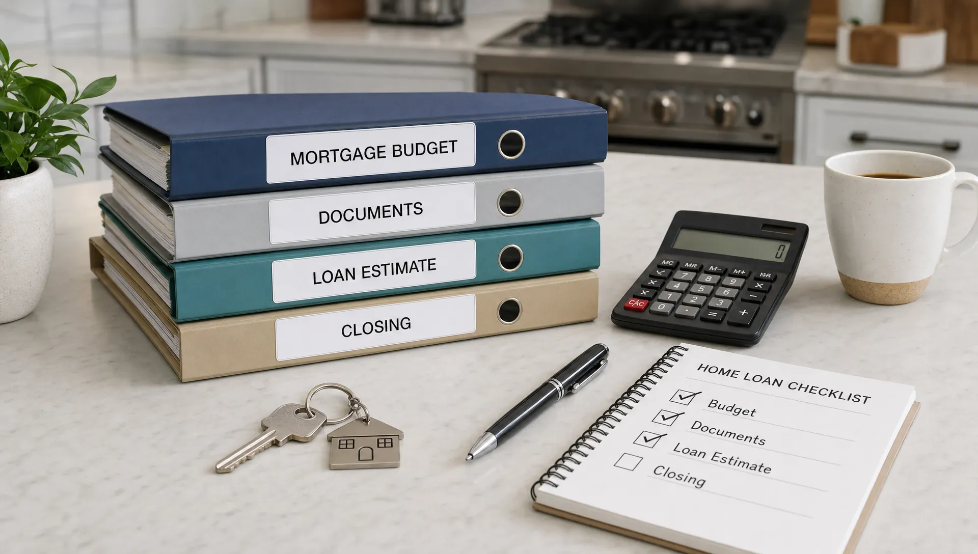 A neatly organized kitchen counter with labeled mortgage folders, a calculator, a pen, a house key, and a checklist for budget, documents, loan estimate, and closing.