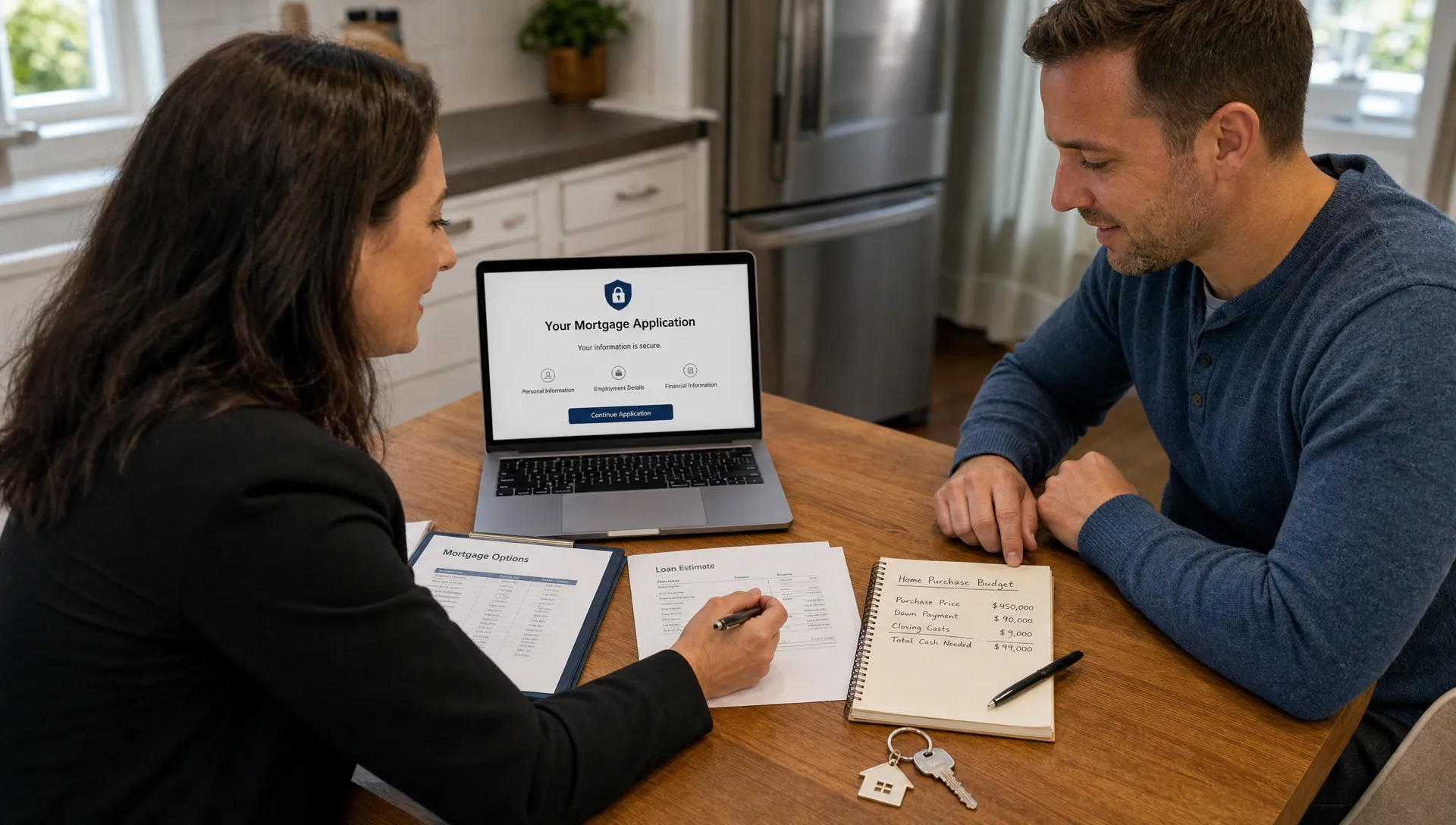 A homebuyer and a loan advisor sitting at a kitchen table with organized mortgage documents, a laptop showing a secure application screen facing the camera, and a house key beside a notepad with budget numbers.