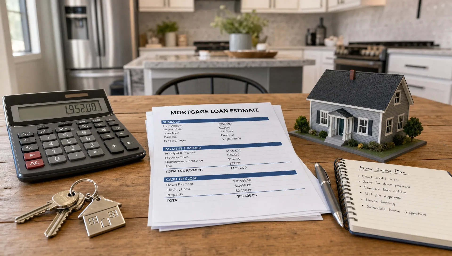 A kitchen table with house keys, a calculator, mortgage paperwork, and a small model home, showing the main pieces buyers review when planning a mortgage payment.