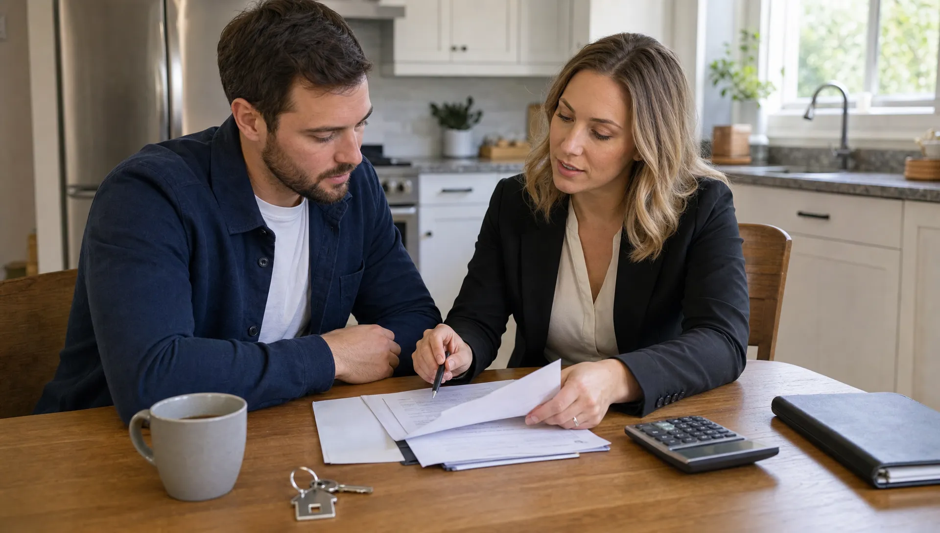A homebuyer and lending specialist review mortgage documents at a kitchen table with a key and calculator nearby.