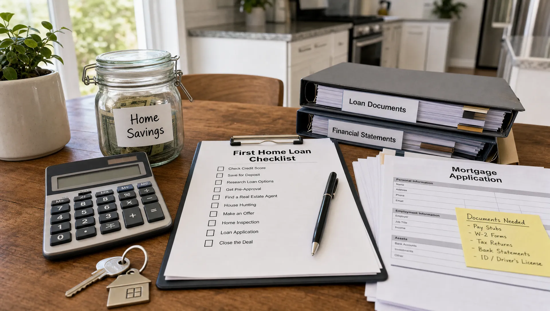A kitchen table holds a mortgage checklist, calculator, savings jar, house keys, and organized paperwork for a first-home loan application.