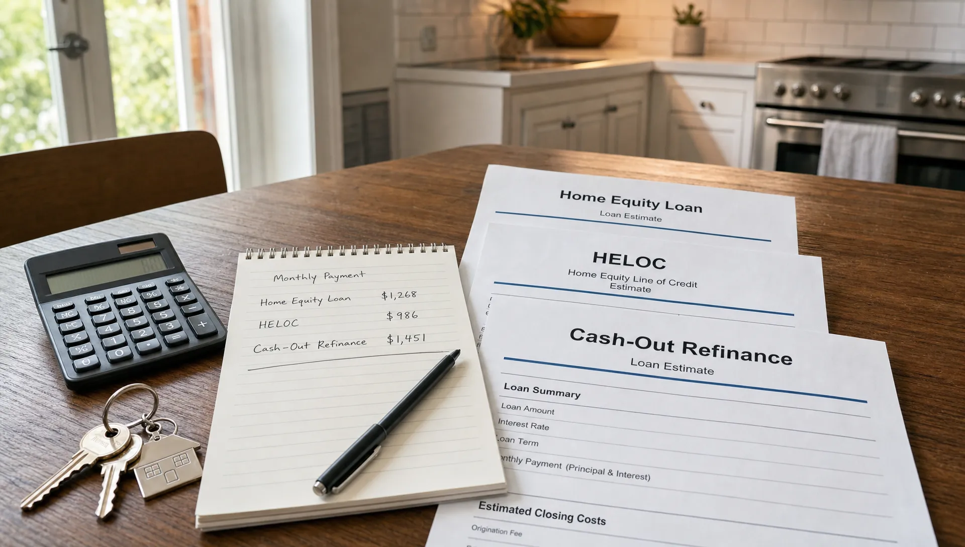 A kitchen table holds house keys, a calculator, a monthly payment notepad, and loan documents for a home equity loan, HELOC, and cash-out refinance.