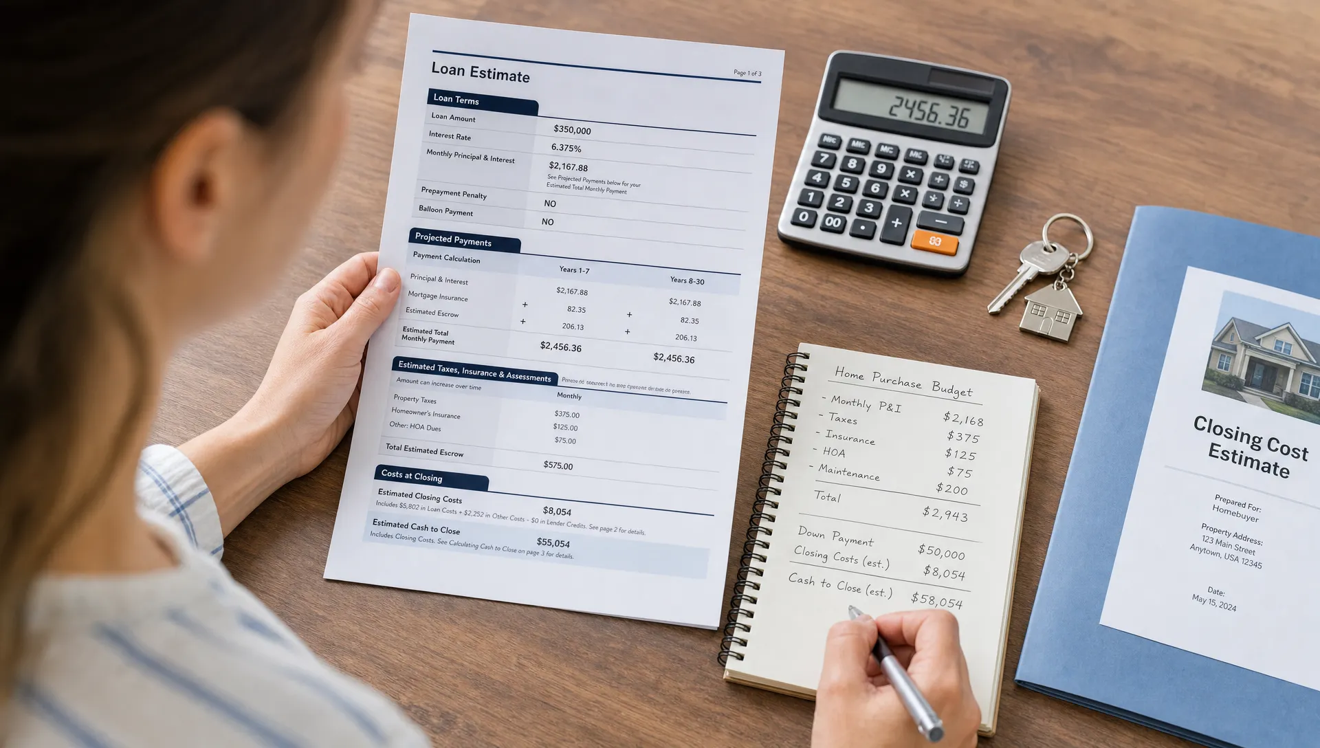 A homebuyer reviews mortgage documents, a calculator, house keys, and budget notes while comparing monthly payment and closing cost estimates.