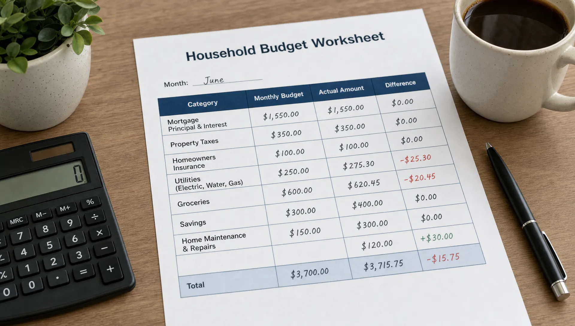A household budget worksheet shows mortgage principal and interest, property taxes, insurance, utilities, groceries, savings, and home maintenance as monthly categories.