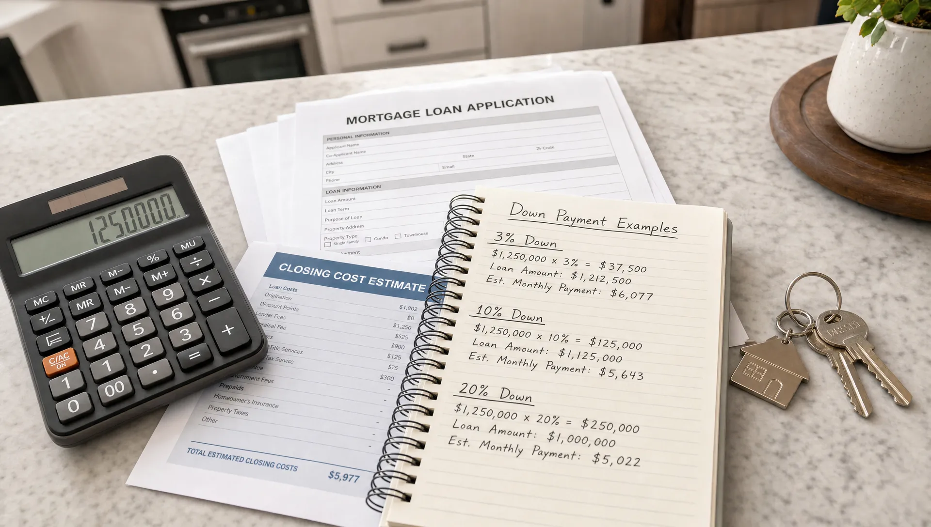 A calculator, mortgage paperwork, house keys, and a notebook show 3 percent, 10 percent, and 20 percent down payment examples on a kitchen table.