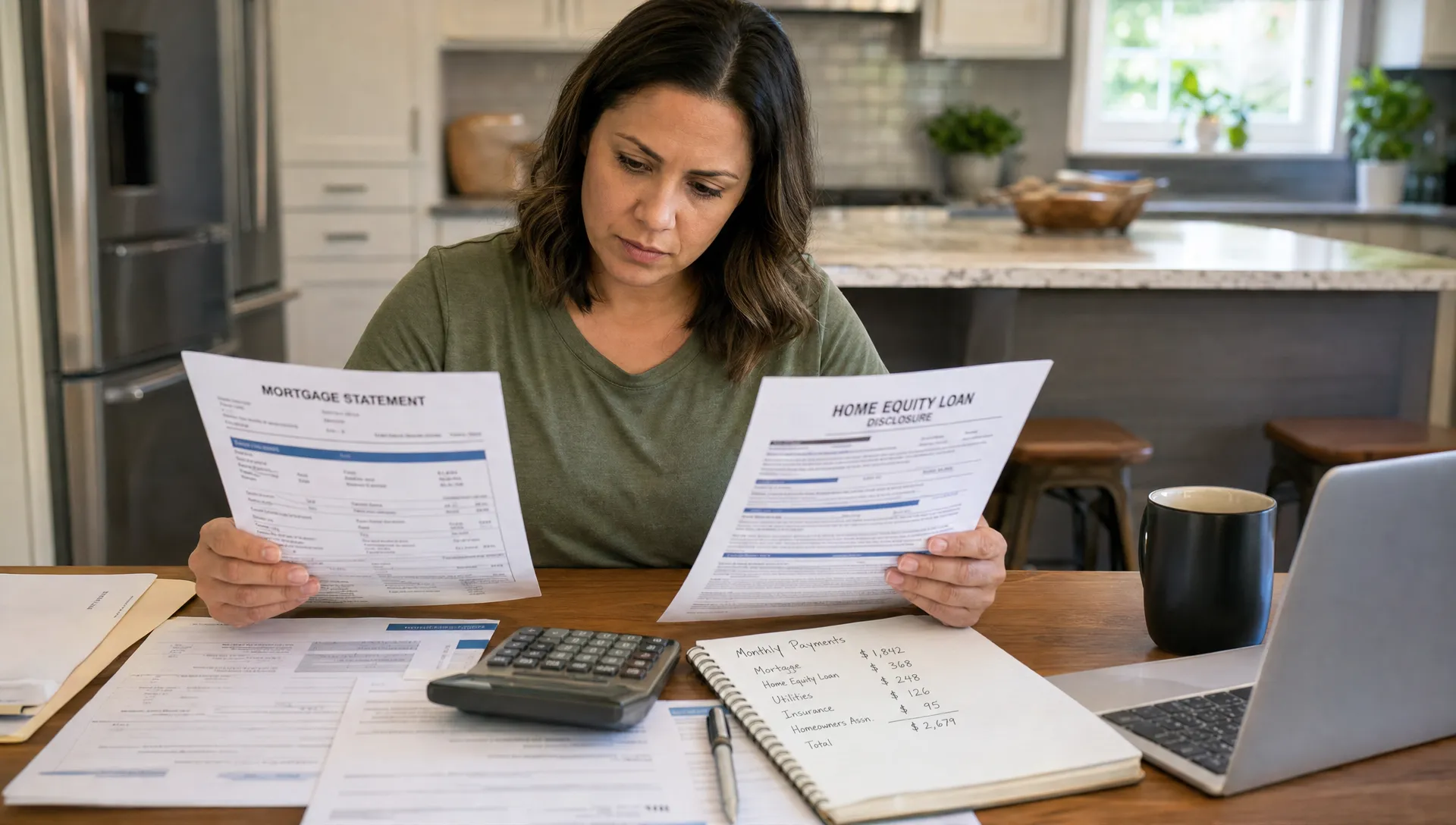 A homeowner reviews mortgage paperwork, home equity loan documents, a calculator, and monthly payment notes on a kitchen table.