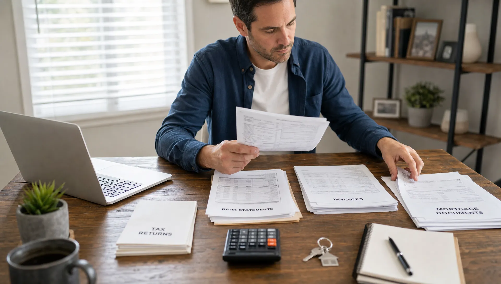 A self-employed borrower sorts tax returns, bank statements, invoices and mortgage papers on a desk beside a house key and calculator.