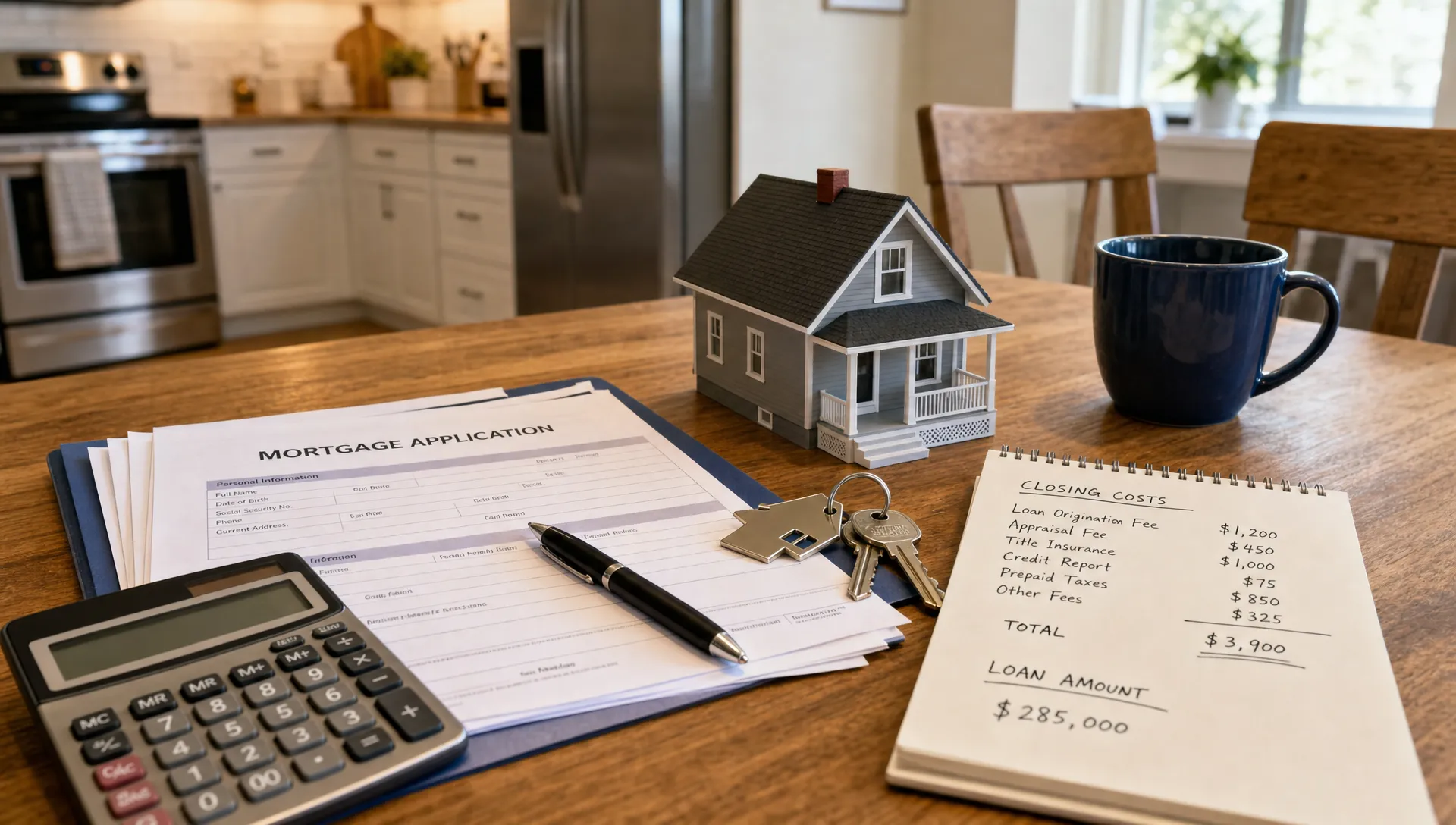 A kitchen table holds mortgage papers, a calculator, house keys, and a small model home beside notes on closing costs and loan amount.