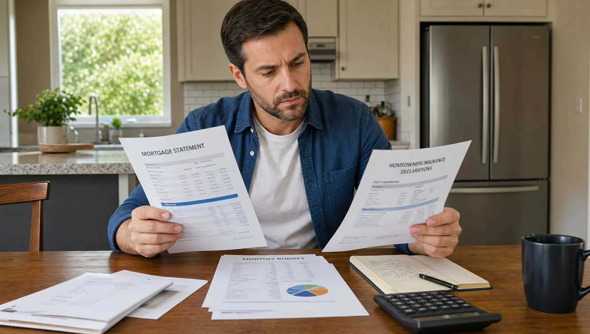 A homeowner compares mortgage documents, insurance statements, and a calculator on a kitchen table while reviewing monthly housing costs.