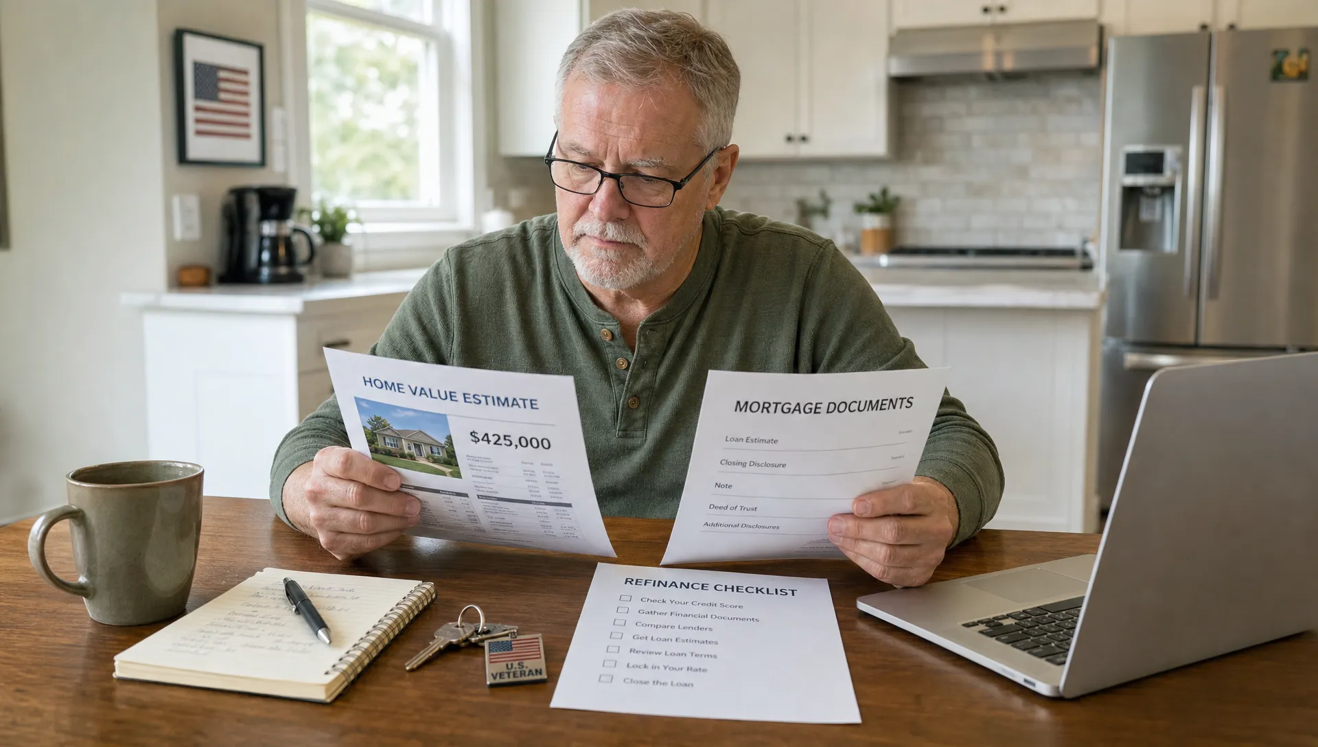 A veteran homeowner reviews mortgage documents, a home value estimate, and a refinance checklist on a kitchen table with keys and a laptop nearby.