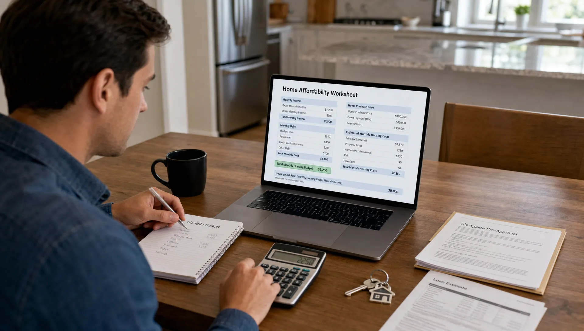 A homebuyer reviews a mortgage budget at a kitchen table with a calculator, paperwork, house keys, and a laptop showing a home affordability worksheet.