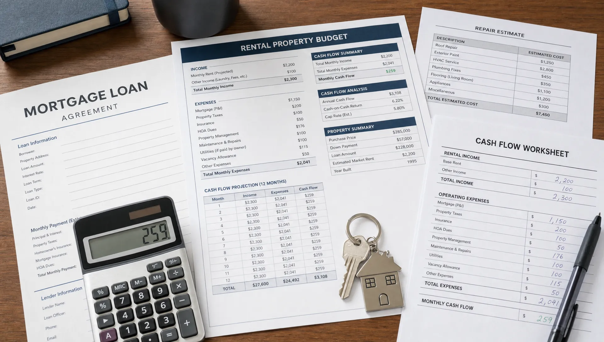 A rental property budget spread on a table with mortgage documents, a calculator, house keys, repair estimates and a cash flow worksheet.