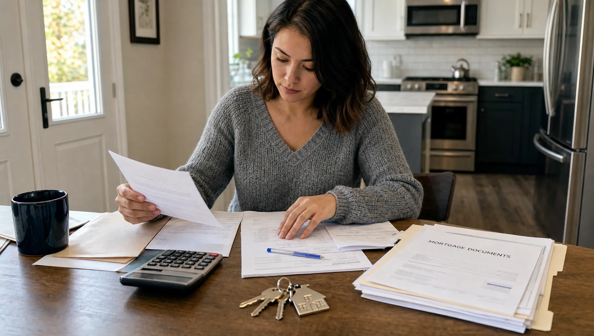 A buyer organizes mortgage documents, bank statements, a calculator, and house keys at a kitchen table before closing.