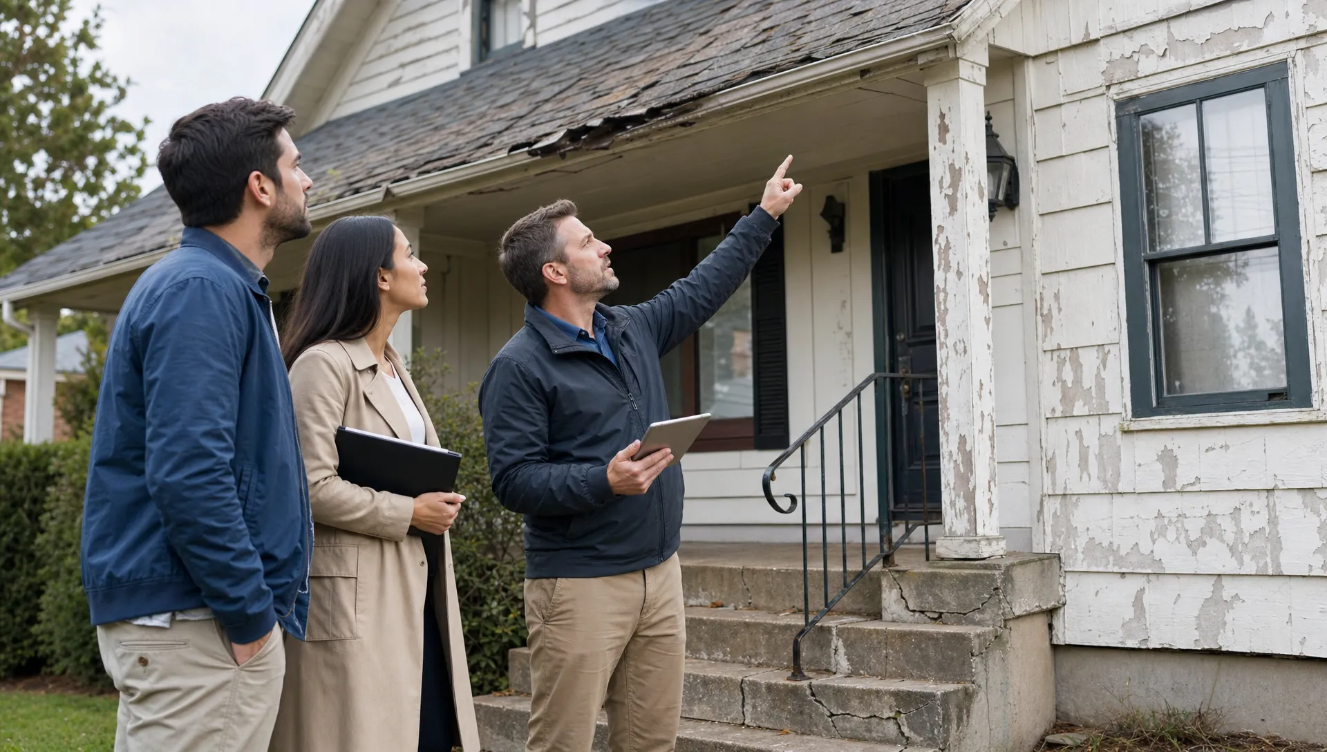 A homebuyer, real estate agent and home inspector stand outside an older house reviewing roof wear, cracked steps, and peeling paint.