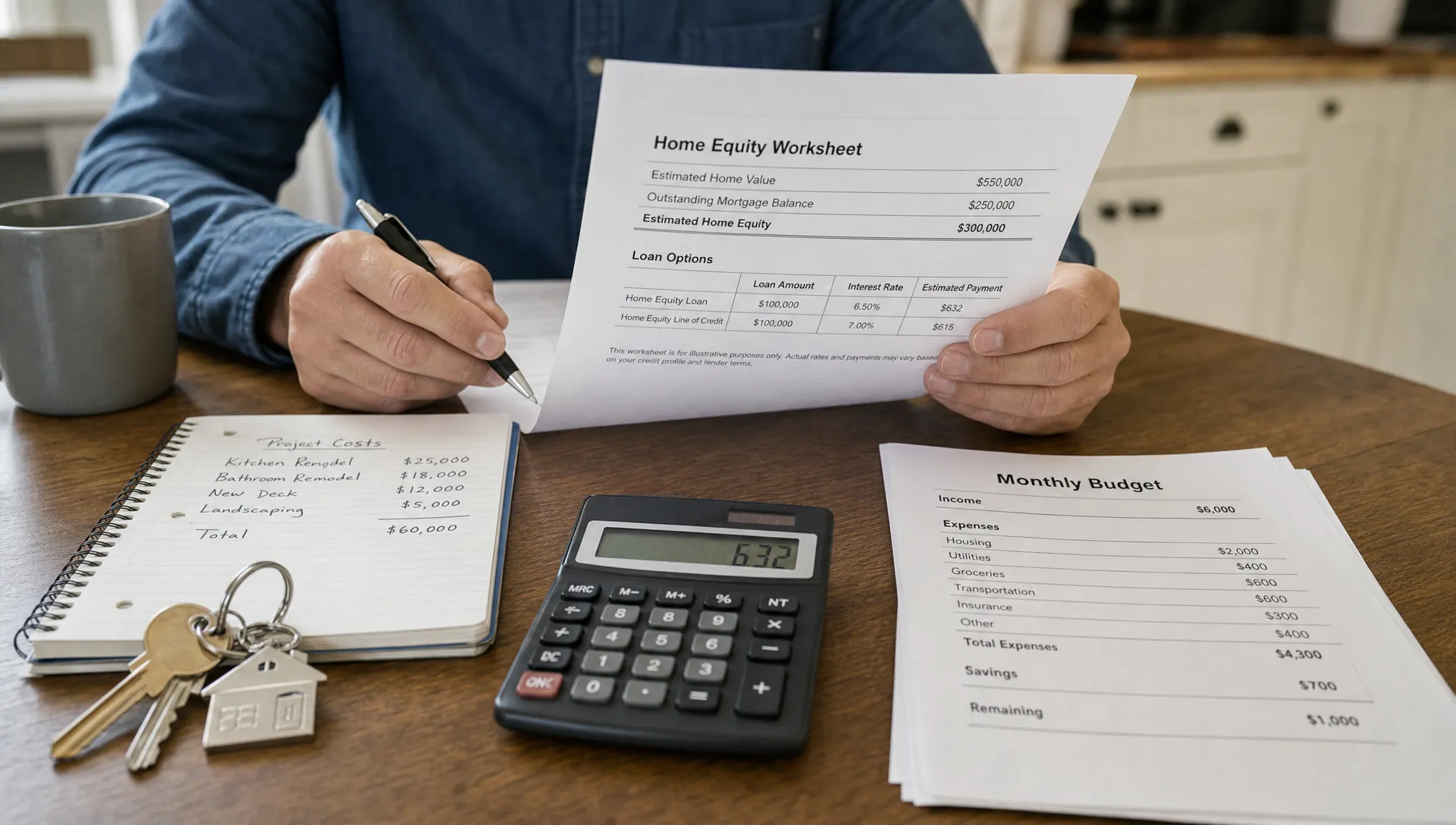 A homeowner reviews a home equity worksheet on a kitchen table with a calculator, house keys, project cost notes, and a monthly budget.