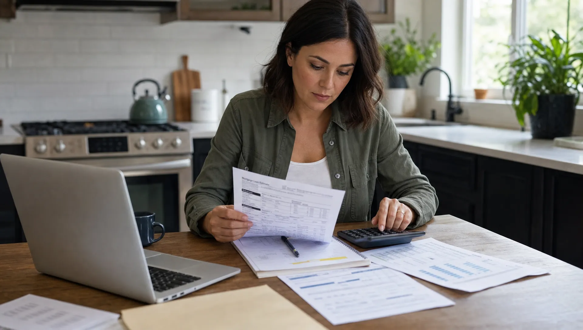 A homeowner reviews mortgage paperwork, a budget worksheet and a calculator at a kitchen table.