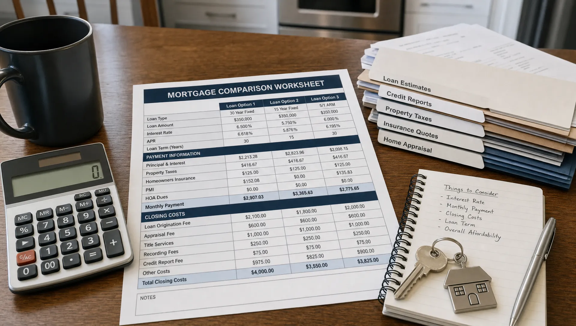 A kitchen table with a mortgage comparison worksheet, calculator, house keys and organized documents for comparing loan payment and closing costs.