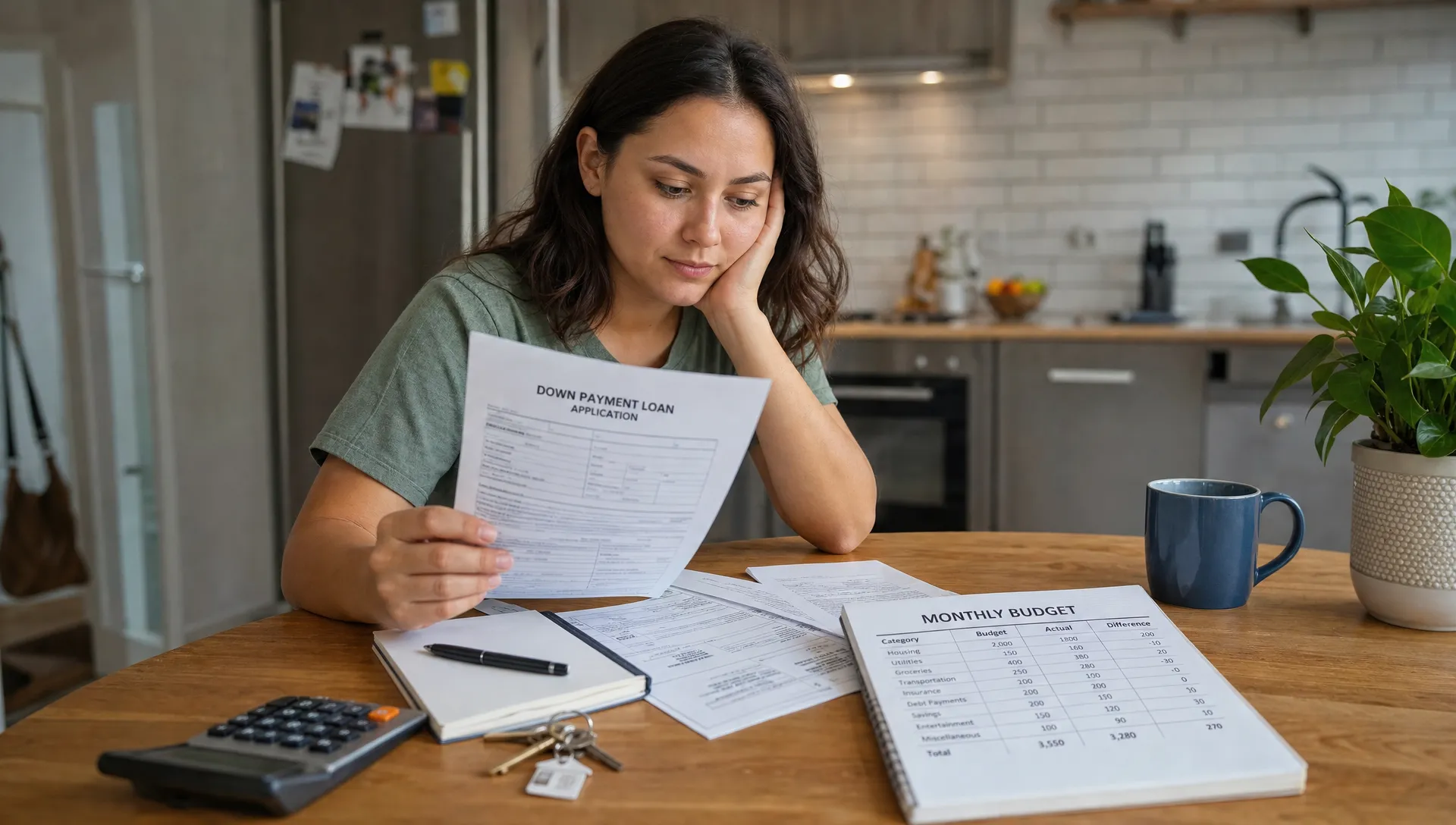 A first-time buyer reviews down payment loan paperwork, a calculator, house keys and a monthly budget spread across a kitchen table.
