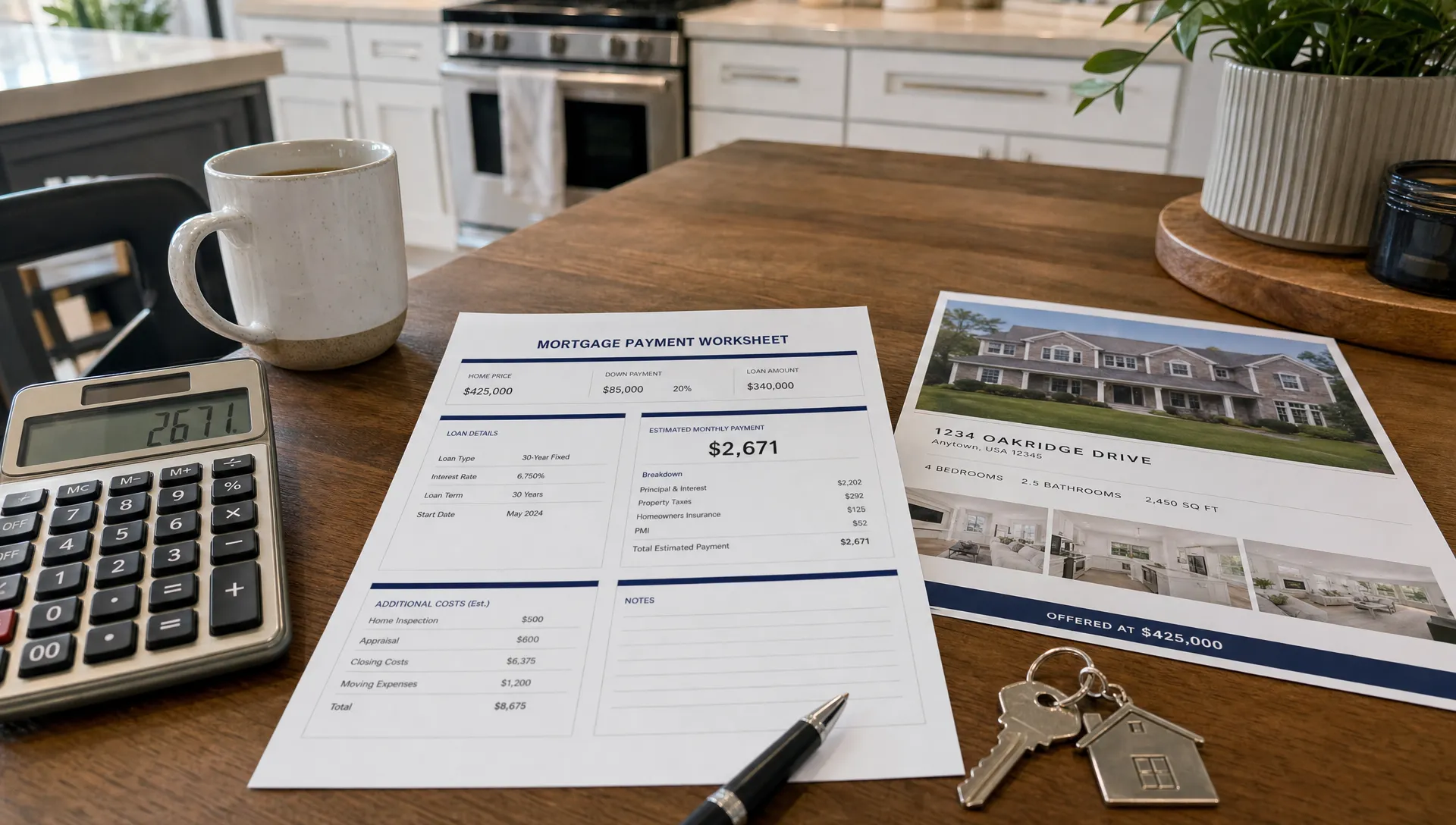A kitchen table with a mortgage worksheet, calculator, house keys, pen and home listing details arranged for a buyer estimating a monthly payment before applying.