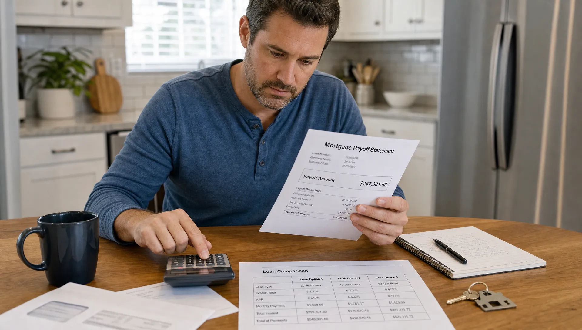 A homeowner reviews mortgage payoff paperwork, a calculator, and a loan comparison sheet on a kitchen table with house keys nearby.